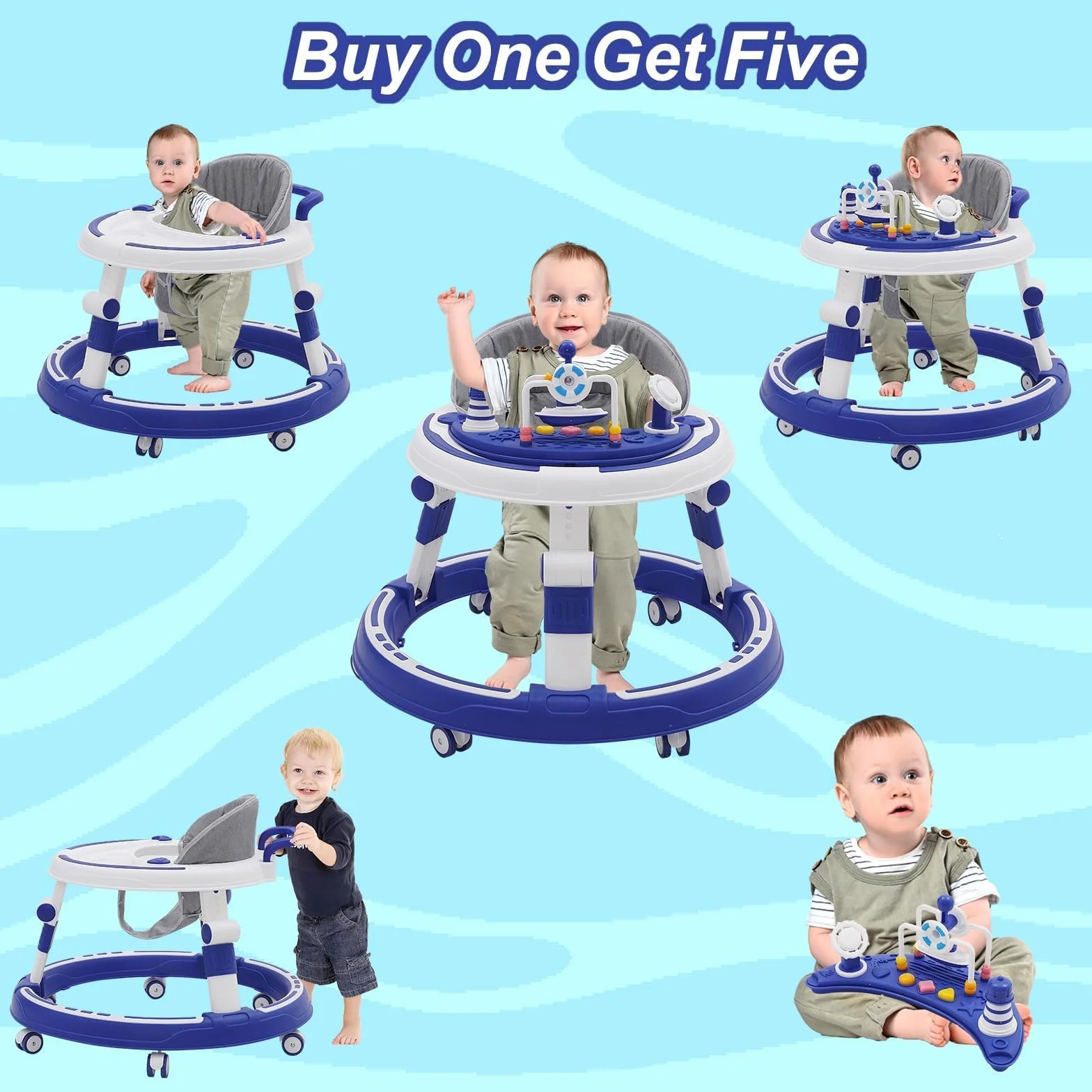 5 w 1 chodzik Baby Walker, z regulacją wysokości, składane, 360°, z muzyką i zdejmowaną tacą, nadaje się dla dzieci od 6 miesięcy