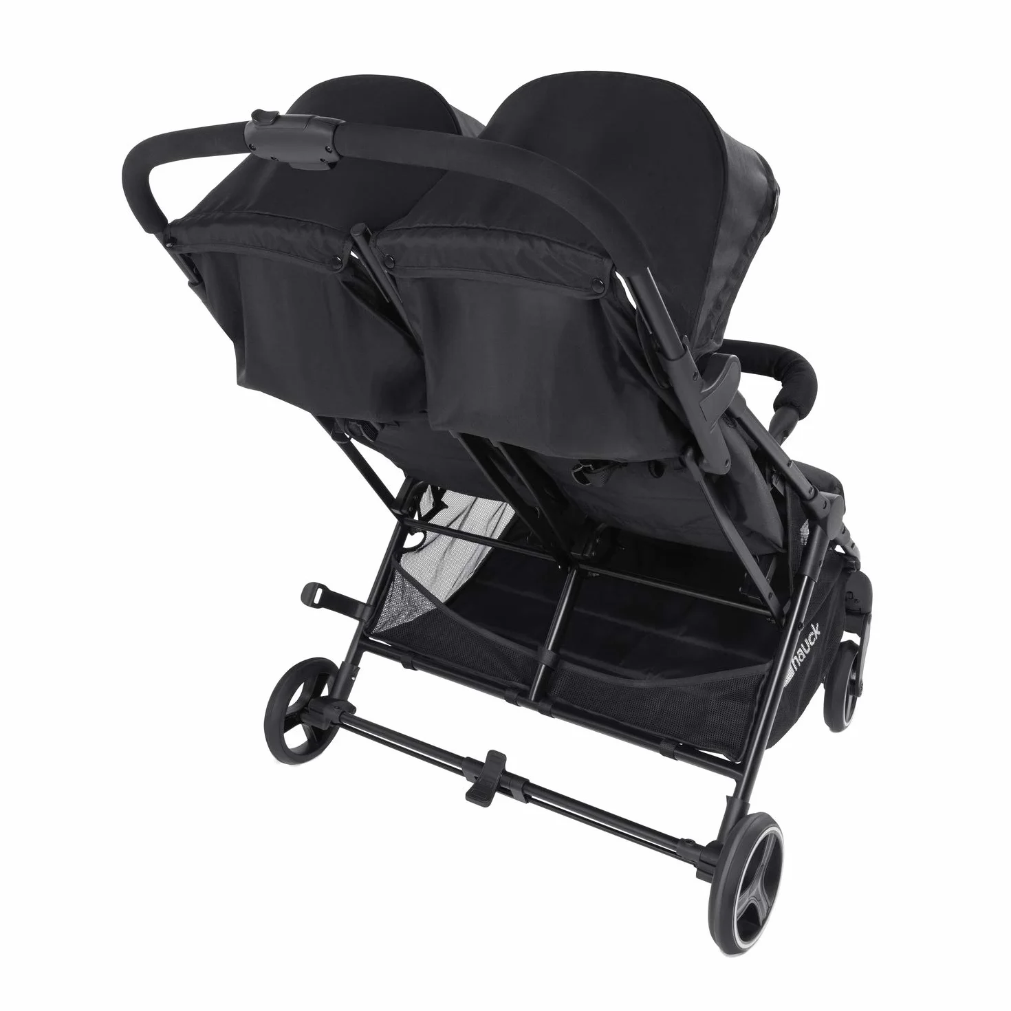 Hauck Podwójny wózek Swift X Duo, składany z funkcją rozkładania od urodzenia, dla 2 dzieci do 15 kg każde, kosz do 6 kg, kółka odporne na przebicie (czarny)