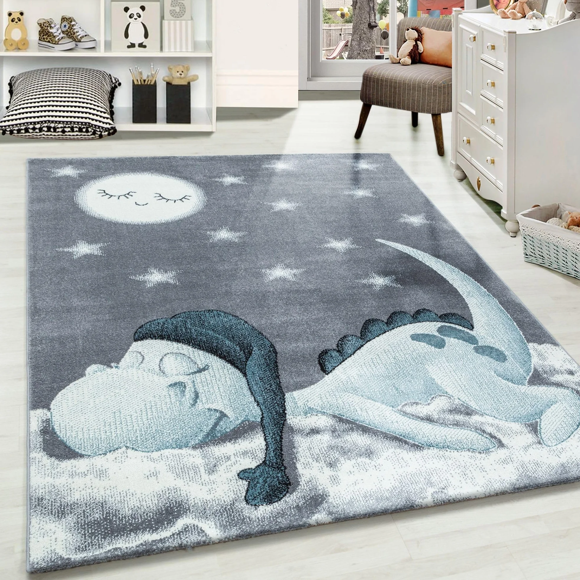 Carpetsale24, Dywan dziecięcy niebieski 160x230 cm z krótkim włosiem, ładny wzór dinozaura, dywan do pokoju dziecięcego dla dziewczynek i chłopców, antyalergiczny - dywan do pokoju niemowlaka
