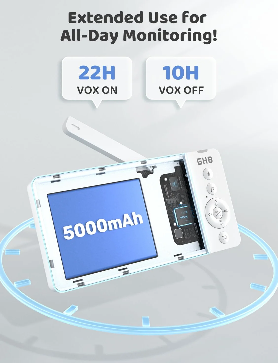 GHB Babyphone Camera 5" 720P HD 5000mAh ekran IPS VOX czujnik temperatury 4-krotny zoom dwukierunkowy dźwięk regulowana głośność