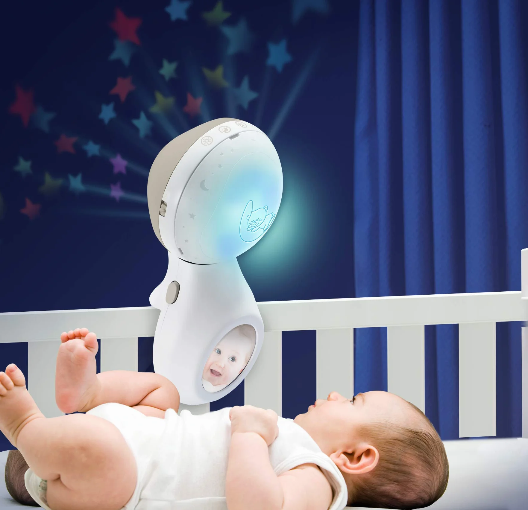 Infantino - Karuzela Muzyczna z Projektorem 3 w 1 - Zabawka Ruchoma do Łóżeczka - Lampka Nocna i Projektor - Tryb Budzenia - 6 Melodii, 4 Dźwięki Natury - Szara
