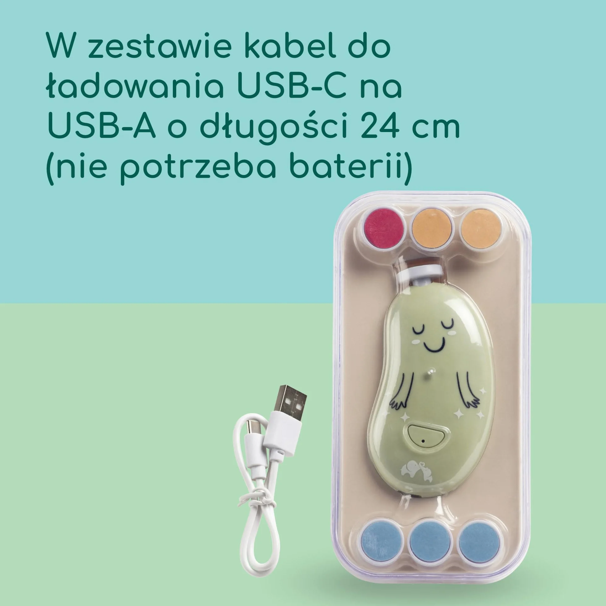 Bebeconfort Elektryczny Pilnik do Paznokci dla Dzieci, 7 Pilniki, USB-C, 3 Prędkości, LED, Zielony