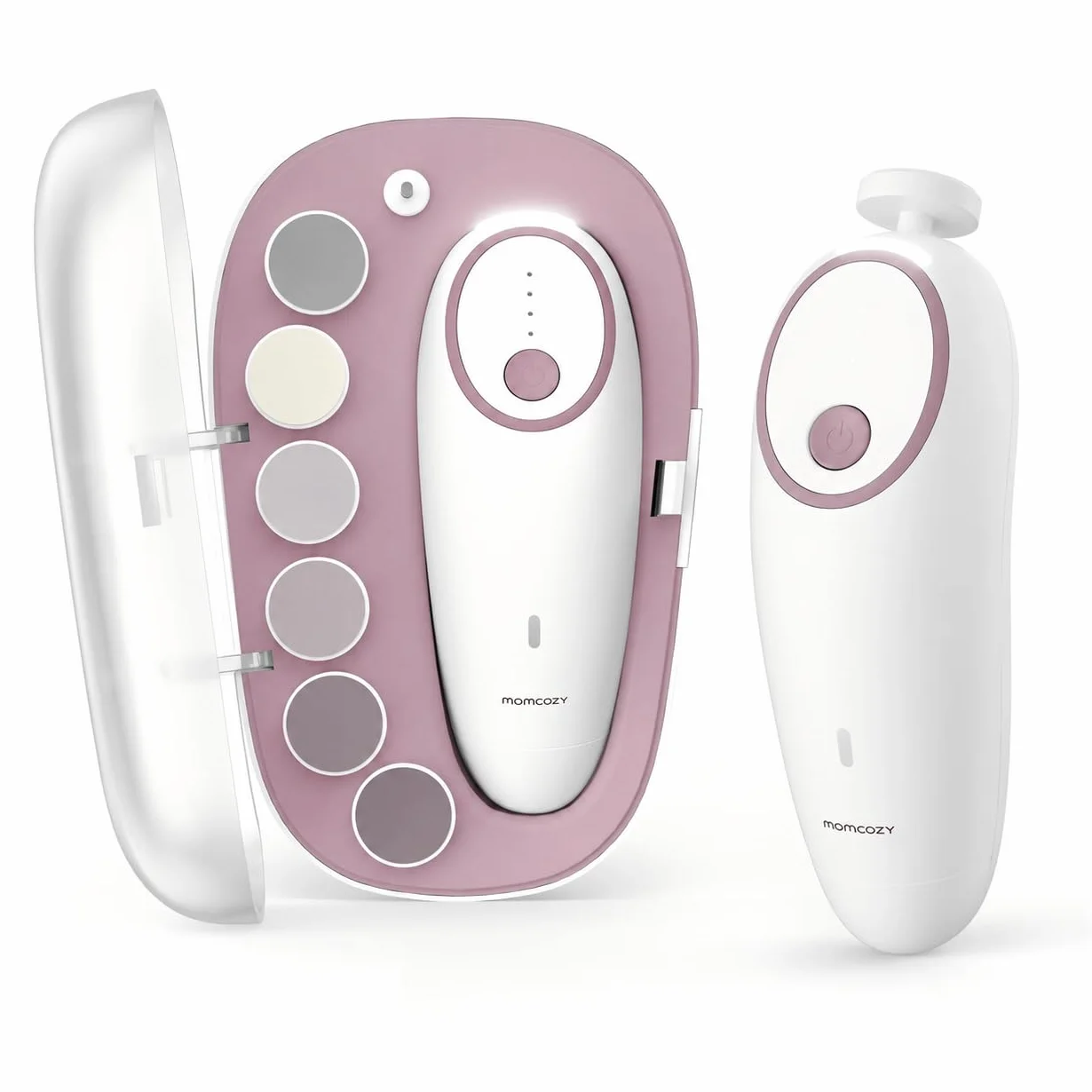 Momcozy Elektryczny pilnik do paznokci dla niemowląt, ładowalny, delikatny trymer, lampka nocna, 7 podkładek, różowy