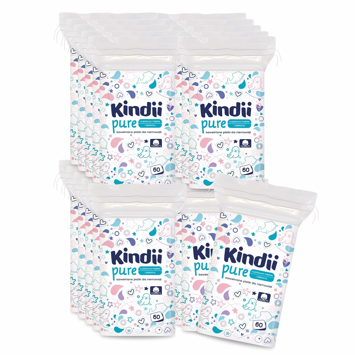 Kindii Pure Baby Pads – 100% bawełna – duże kwadratowe podkładki do skóry wrażliwej – zastępują wilgotne chusteczki – miękkie – miękkie krawędzie – nie strzępią się – 20 x 60 sztuk.
