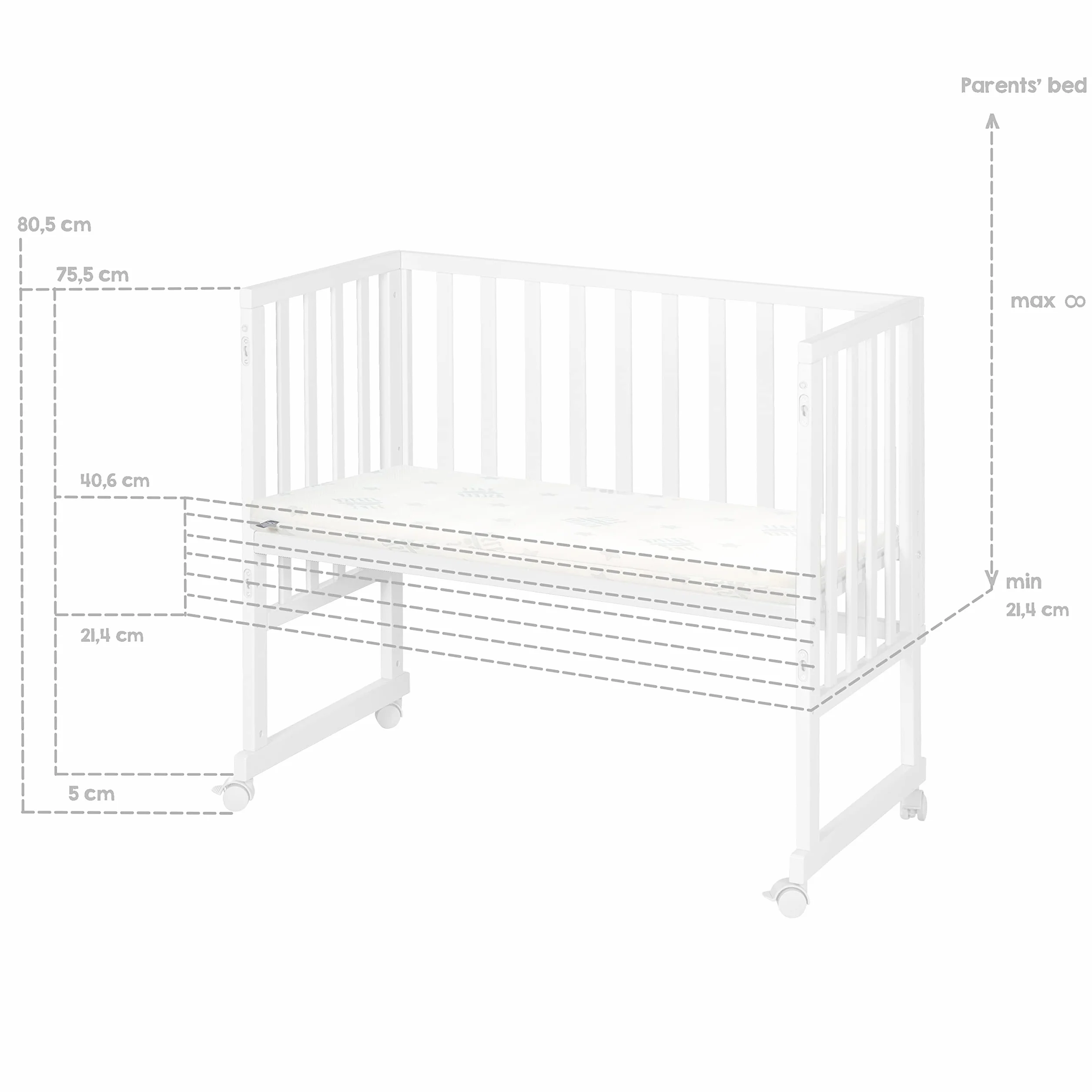 roba Łóżeczko pokojowe i przyścienna kołyska safe asleep 3 w 1-45 x 90 cm - Regulowana wysokość - Zestaw łóżeczka dla niemowląt - Drewno w kolorze białym