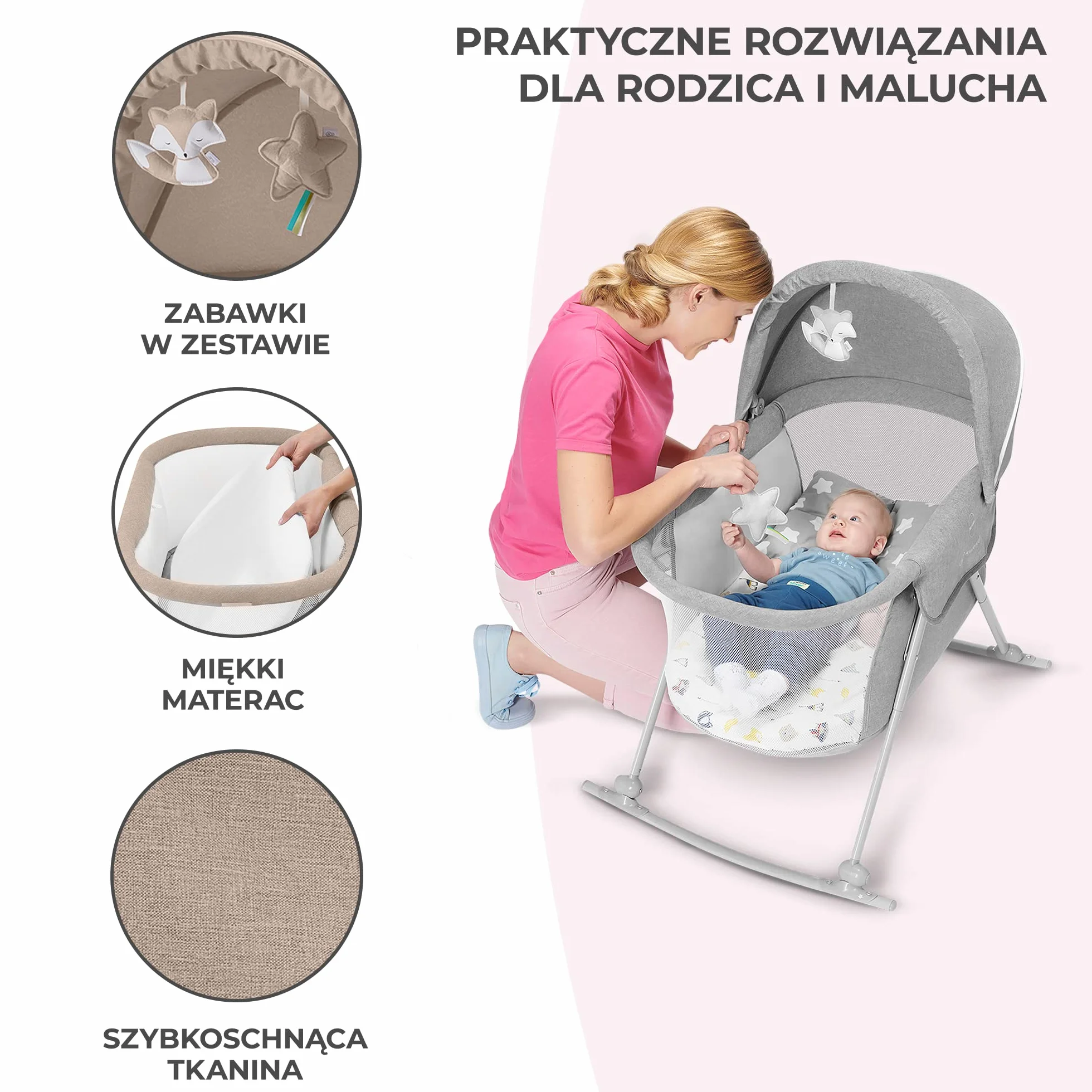 Kinderkraft Łóżeczko dziecięce 3w1 LOVI, Łóżko turystyczne, Kołyska, Beżowy