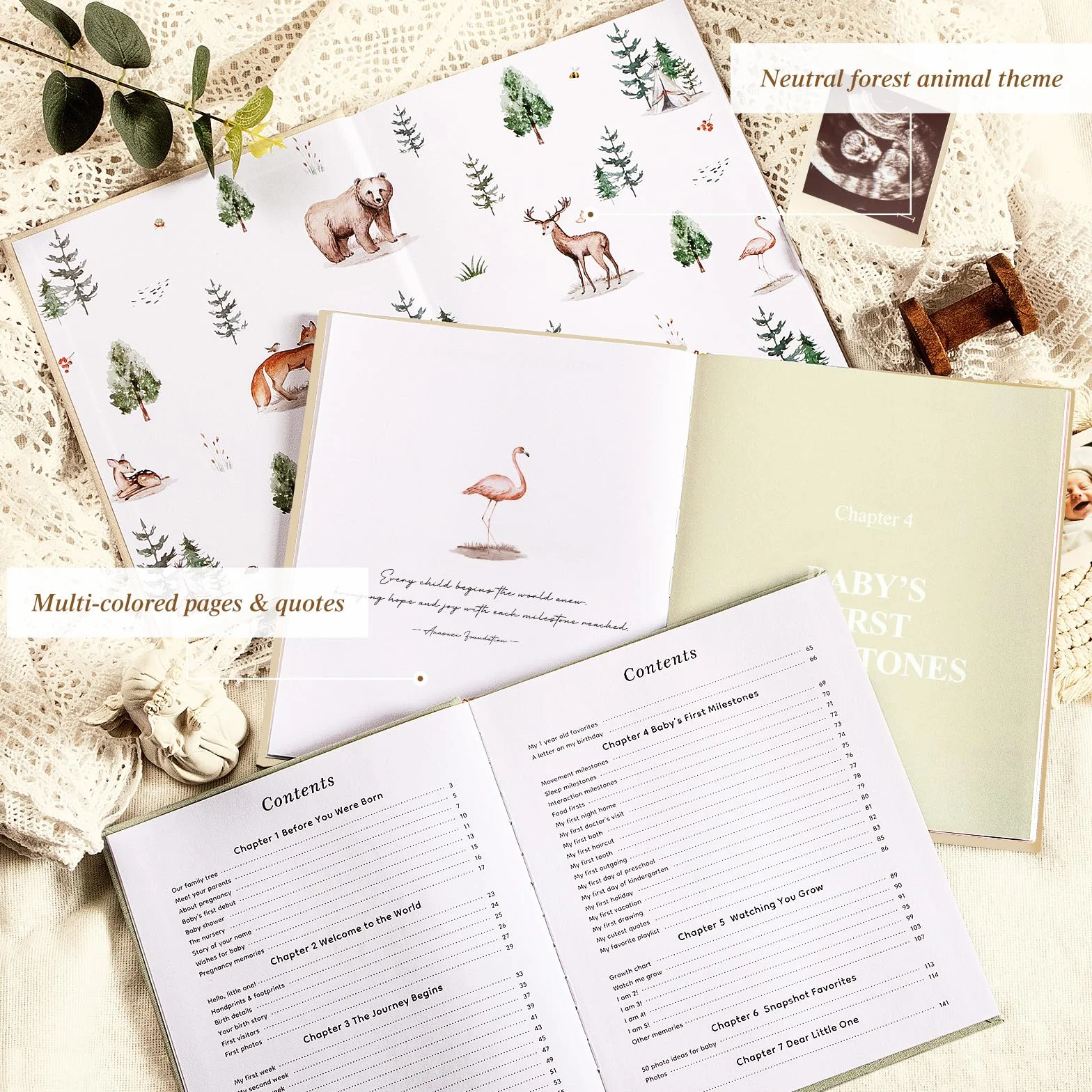 Lanpn Album ze zdjęciami dla dziecka Pierwszy 5 Rok, The Story of Your Baby Memory Book, Pamiętnik Baby Book, Dziennik dla noworodków Prezent (beżowy, angielski, 154 strony)