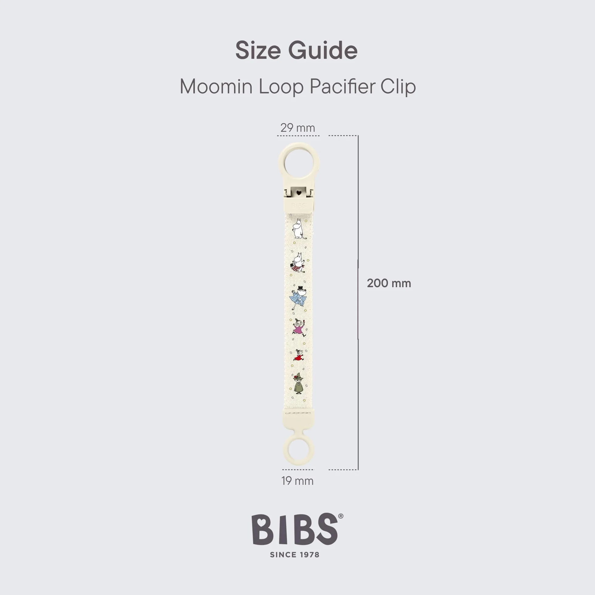 Klips do smoczka BIBS x Moomins Loop – elegancki, bezpieczny w obsłudze jedną ręką, pasuje do wszystkich smoczków BIBS i większości marek, można prać w pralce, wiek: 0+ - Ivory