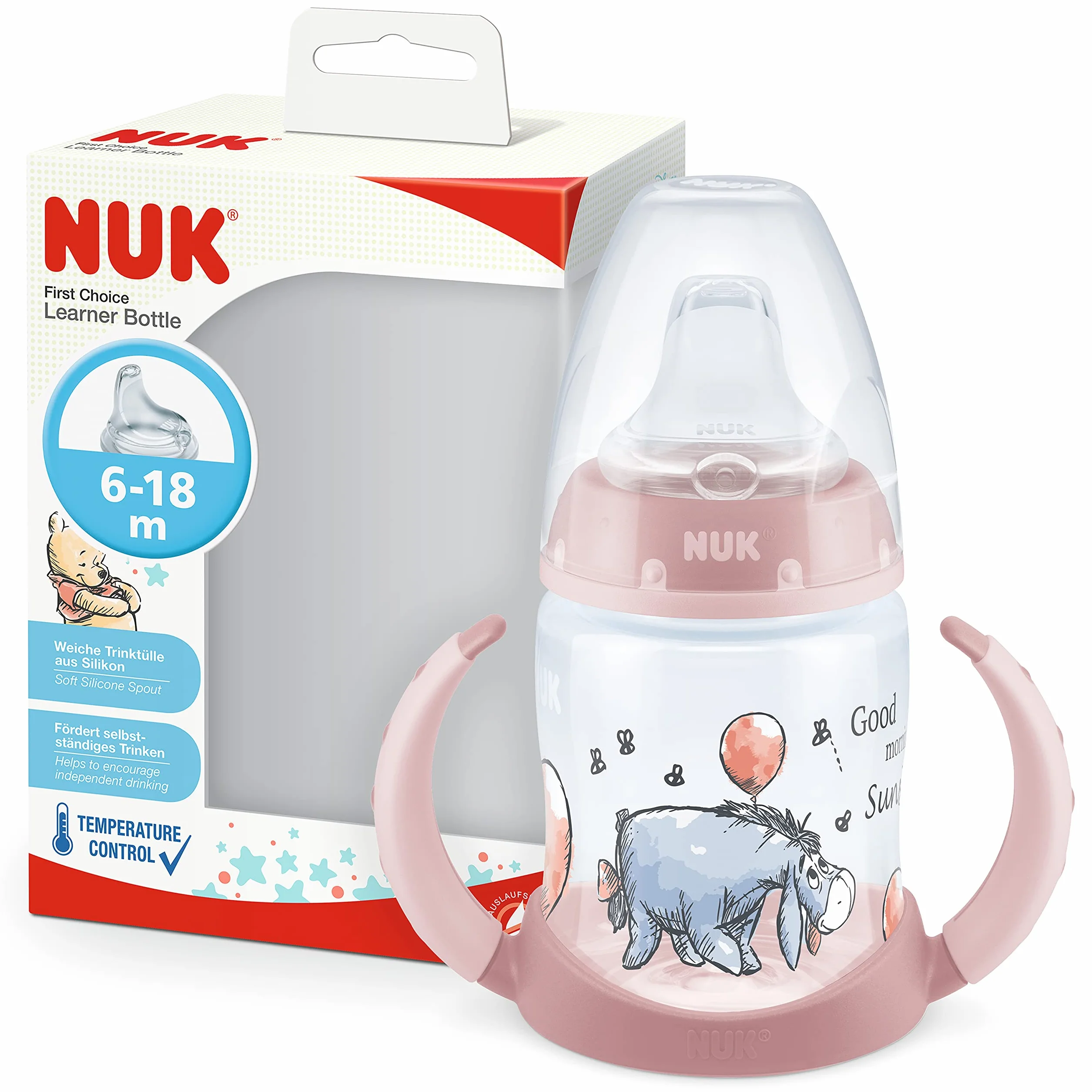 NUK First Choice Learner Cup Kubek Niekapek 150 ml 6-18 miesięcy Nieprzeciekający Silikonowy Dzióbek Bez BPA Winnie Różowy