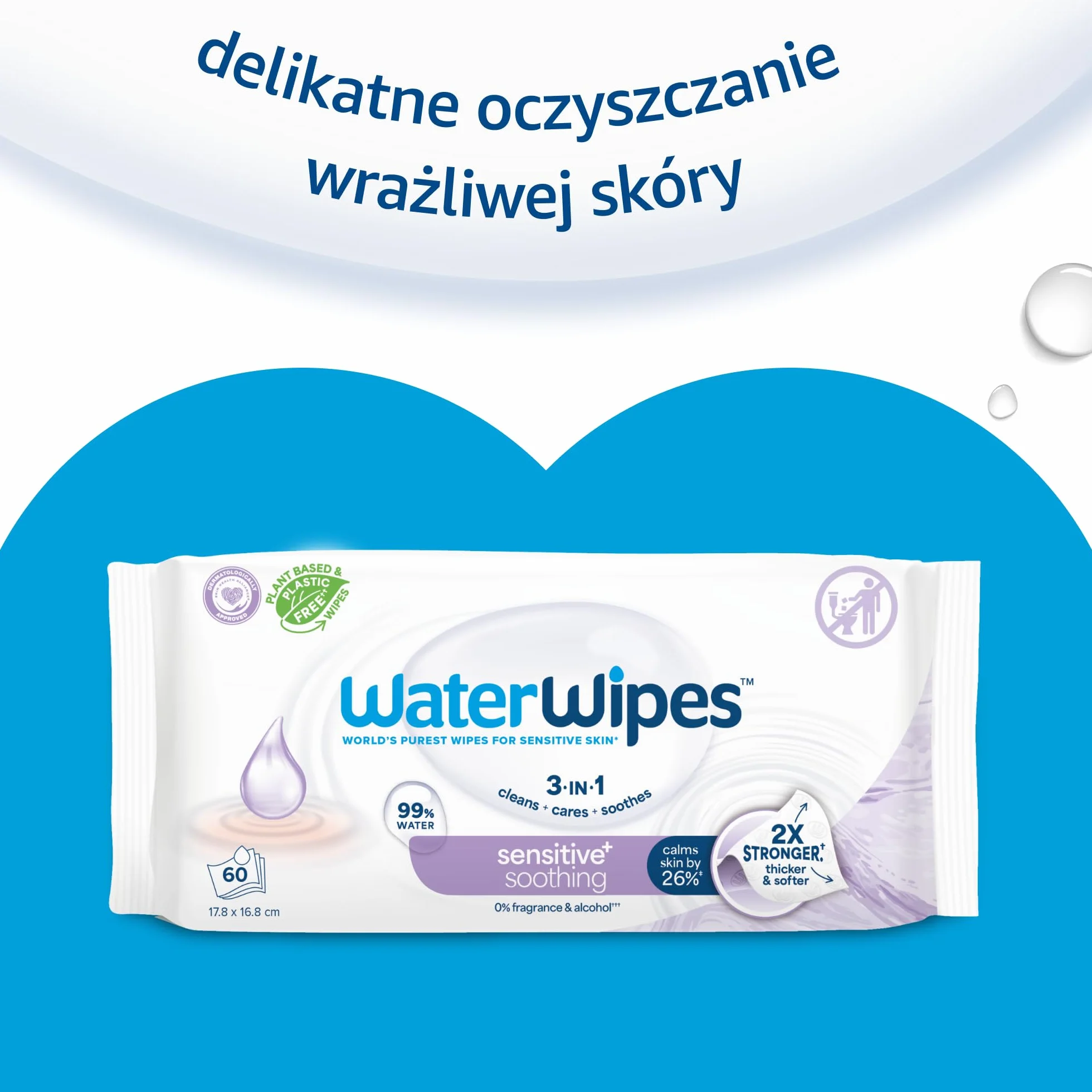 WaterWipes Sensitive+ Soothing Clean Wipes, Chusteczki nawilżane łagodzące, 720 sztuk (opakowanie 12), 3 w 1: Delikatnie oczyszczają, pielęgnują, koją, 99% wody z ekstraktem roślinnym
