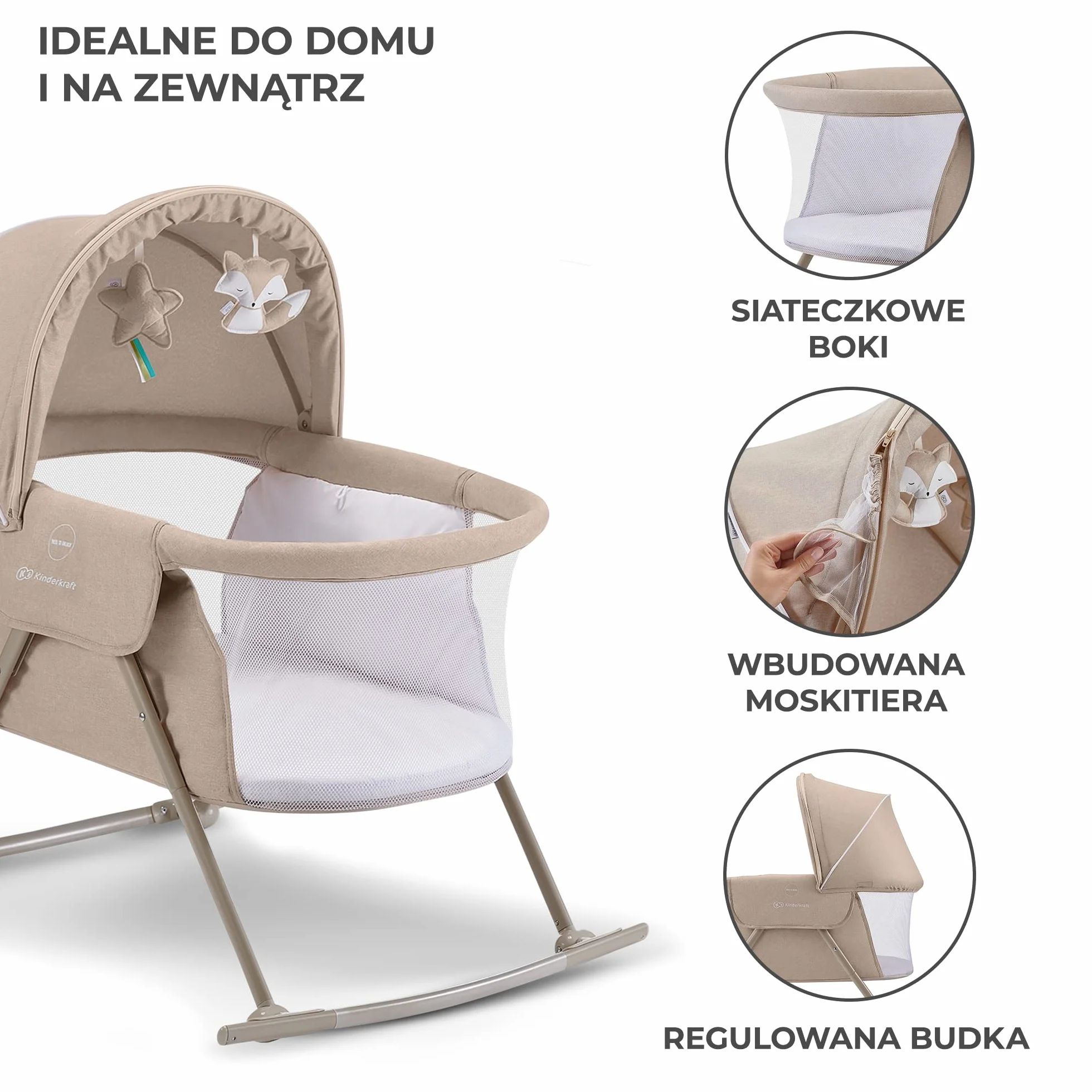 Kinderkraft Łóżeczko dziecięce 3w1 LOVI, Łóżko turystyczne, Kołyska, Beżowy