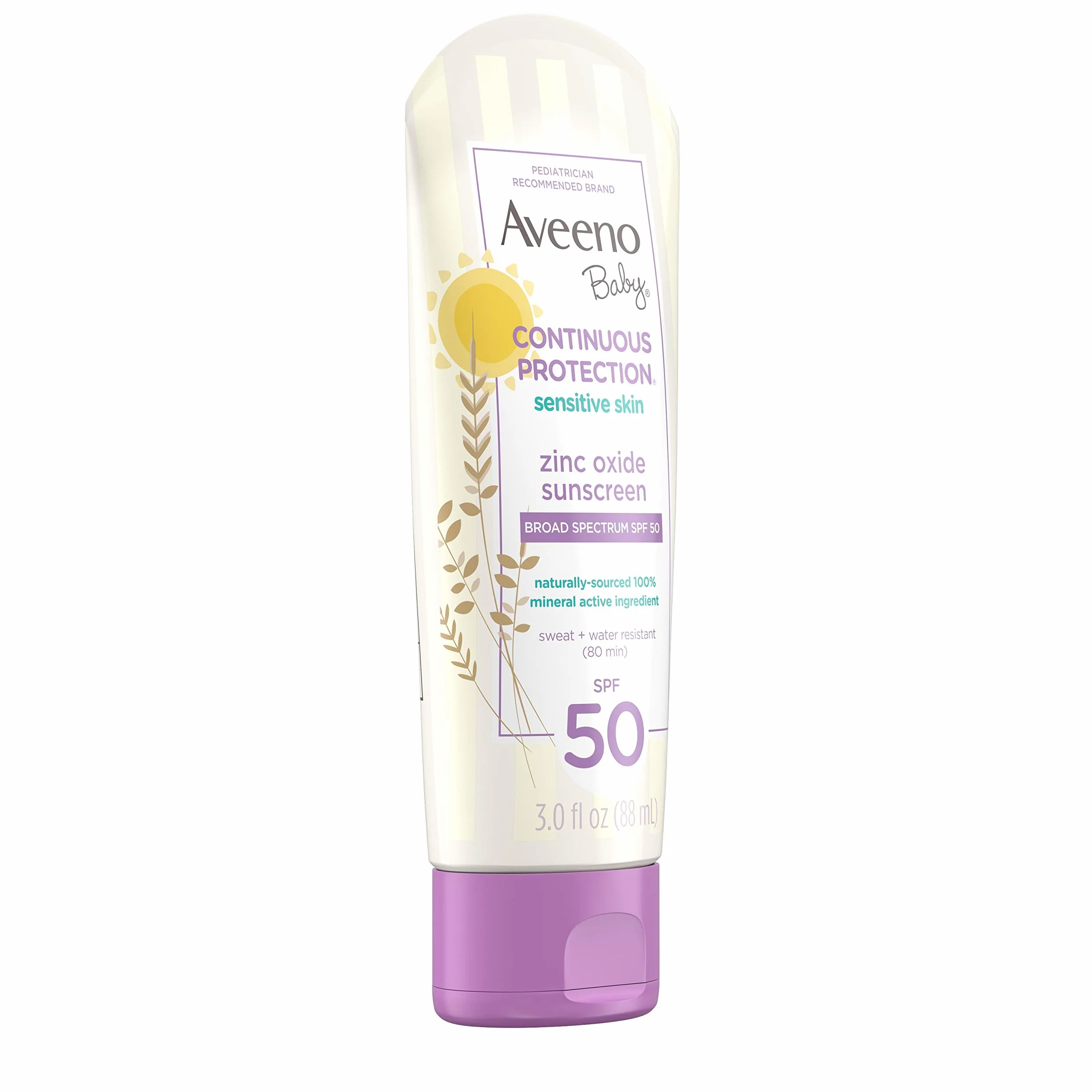 Aveeno Baby Ciągła ochrona przed słońcem balsamem z rdzą cynkową z płynem SPF 50, odporny na pot i wodę, 3,0 Fl. Oz