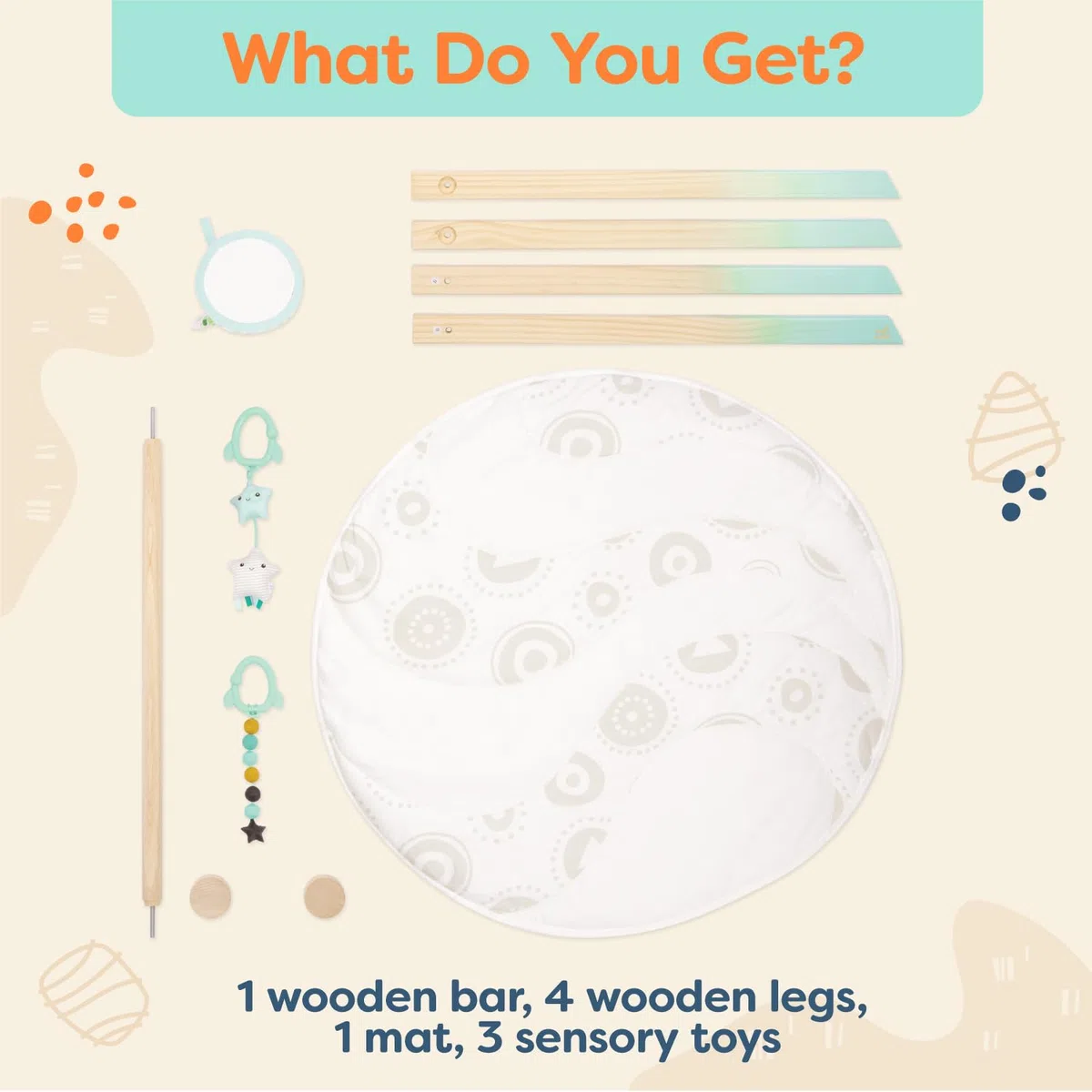 B. toys – Drewniany pałąk do zabawy dla niemowląt – mata aktywności – gwiaździste niebo – 3 wiszące zabawki sensoryczne – naturalne drewno – niemowlęta, dzieci