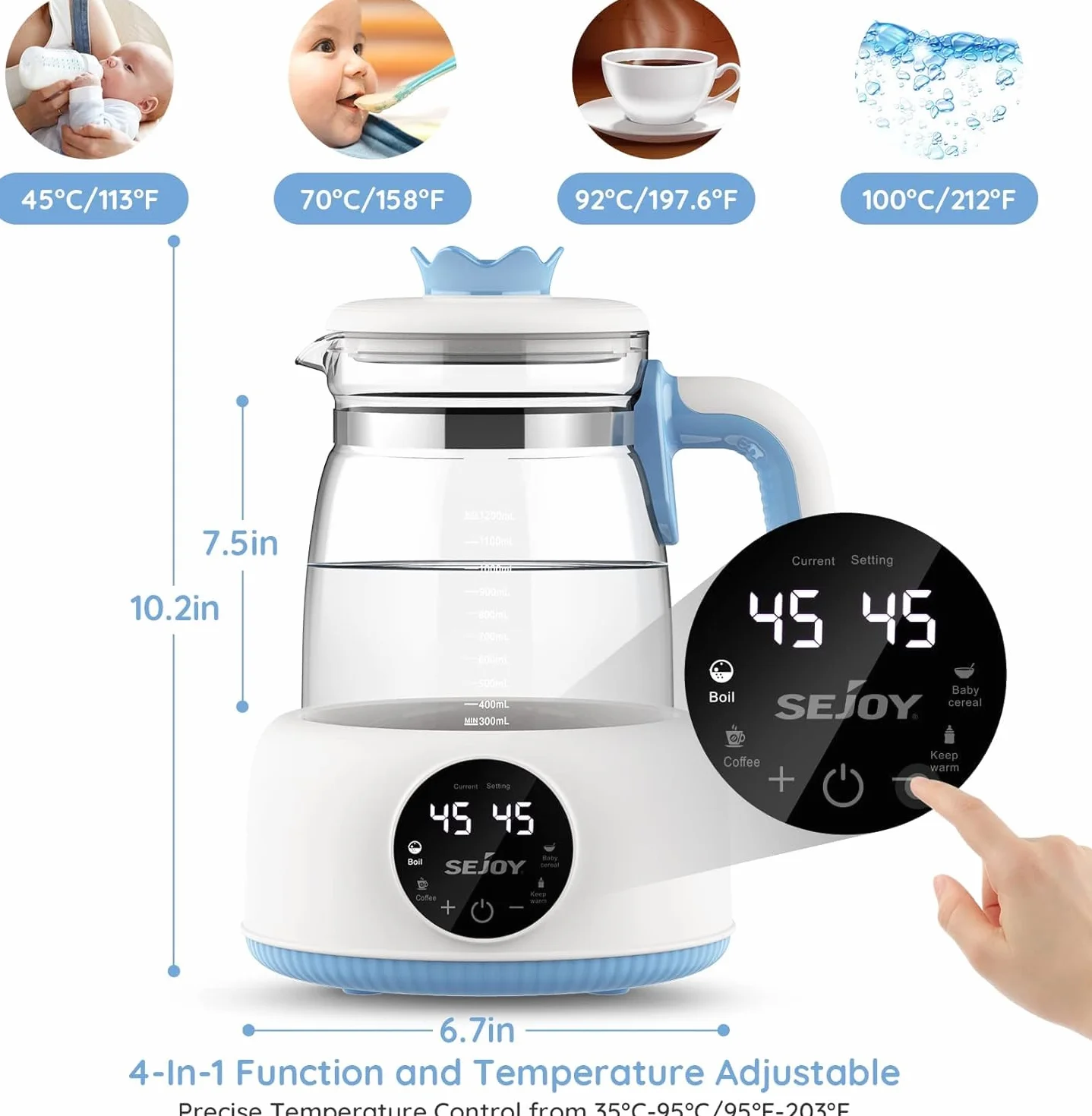 Sejoy Baby Formula Kettle Warm Water Dispenser for Making Formula Bottle Within 30s, Traditional Baby Bottle Warmer Replacement, Accurate Temperature Control, Boil-Dry Protection, 72h Keep Warm, 1.2L