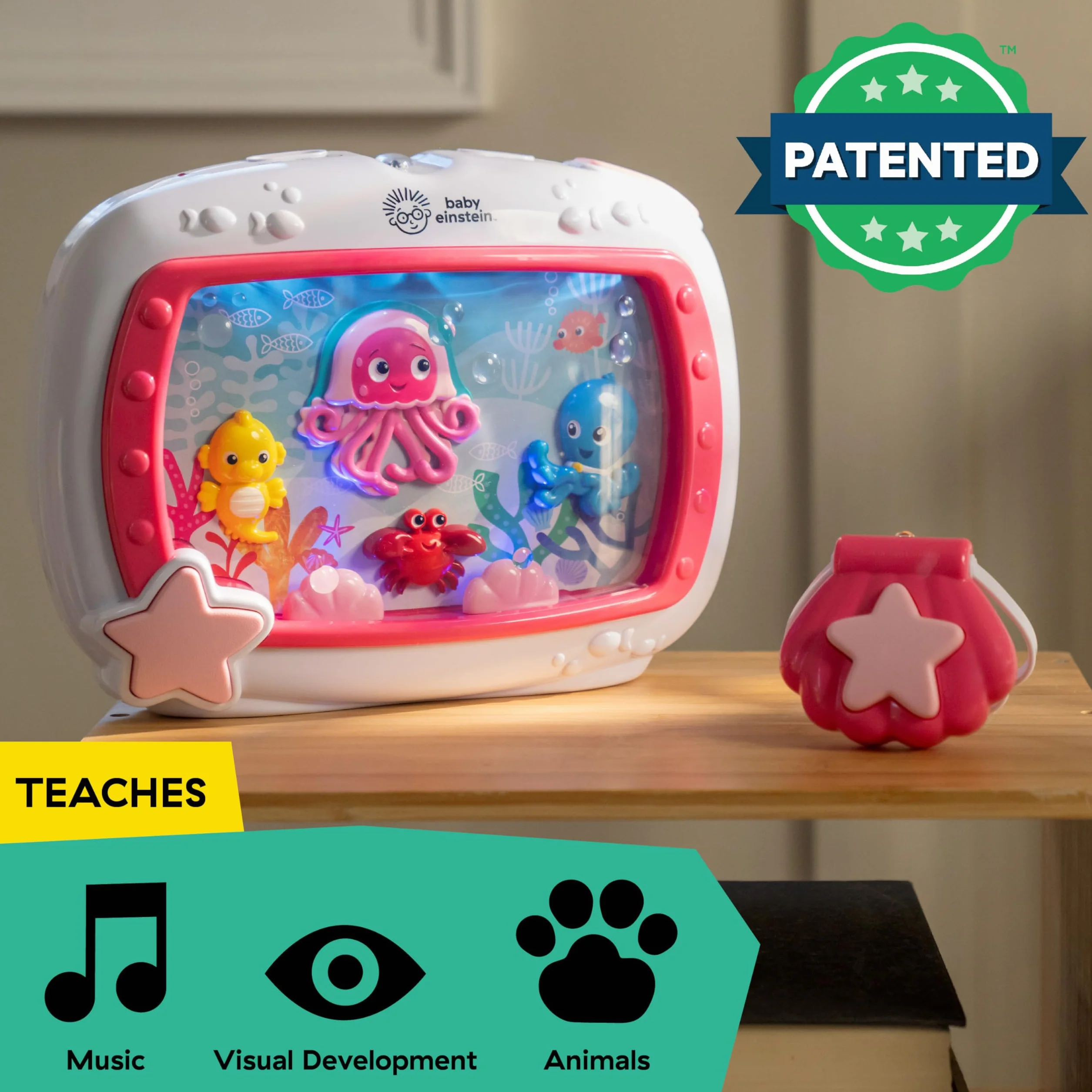 Baby Einstein Sea Dreams Soother automat dźwiękowy do spania i zabawka do łóżeczka dziecięcego z pilotem zdalnego sterowania, kojące światło nocne i białe szumy dla noworodka, dla spokojnego snu, 0+