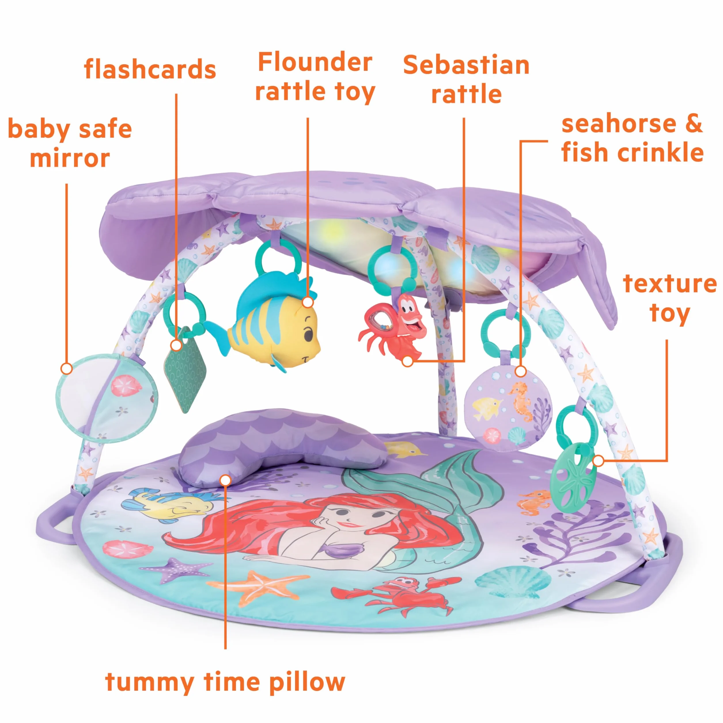 Bright Starts, Disney Baby, Mała Syrenka Twinkle Trove Light-Up Musical Baby Activity Gym, ponad 25 min melodii, 6 zabawek, wiek noworodek +, fioletowy