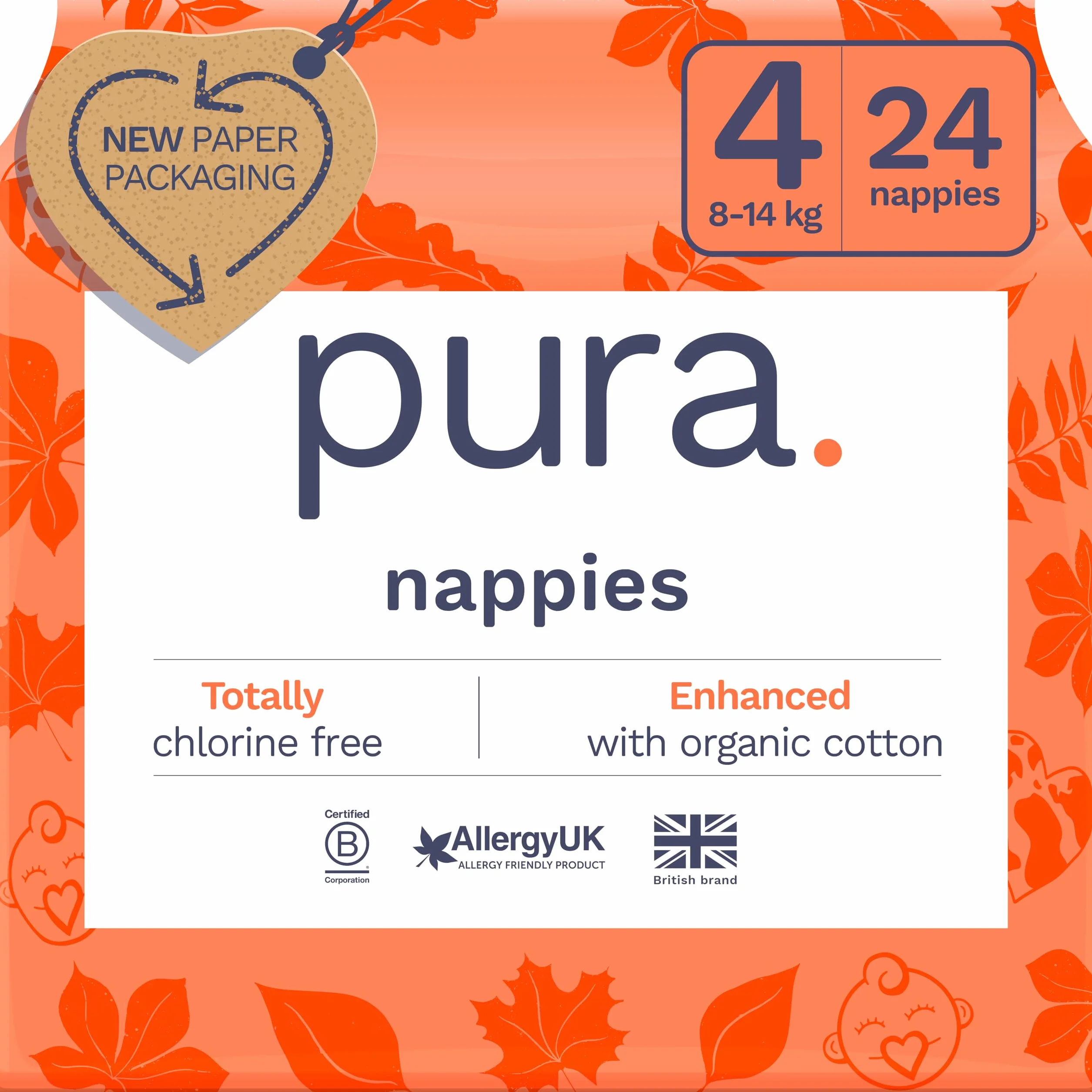 Pura Ekologiczne pieluchy dla niemowląt rozmiar 4 (8-14 kg) 24 sztuki bawełna organiczna ochrona przed wyciekiem