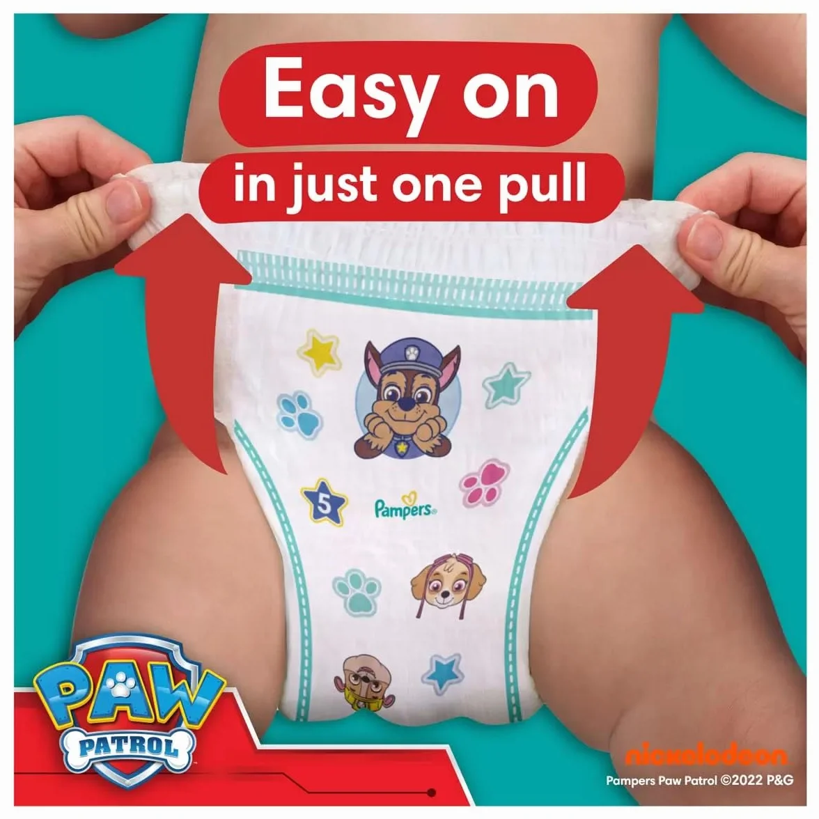 Pampers Pieluchy Psi Patrol Pants rozmiar 5 (12-17 kg) Baby-Dry, Junior z kieszonką zatrzymującą i ochronną, miesięczne pudełko, 160 pieluszek