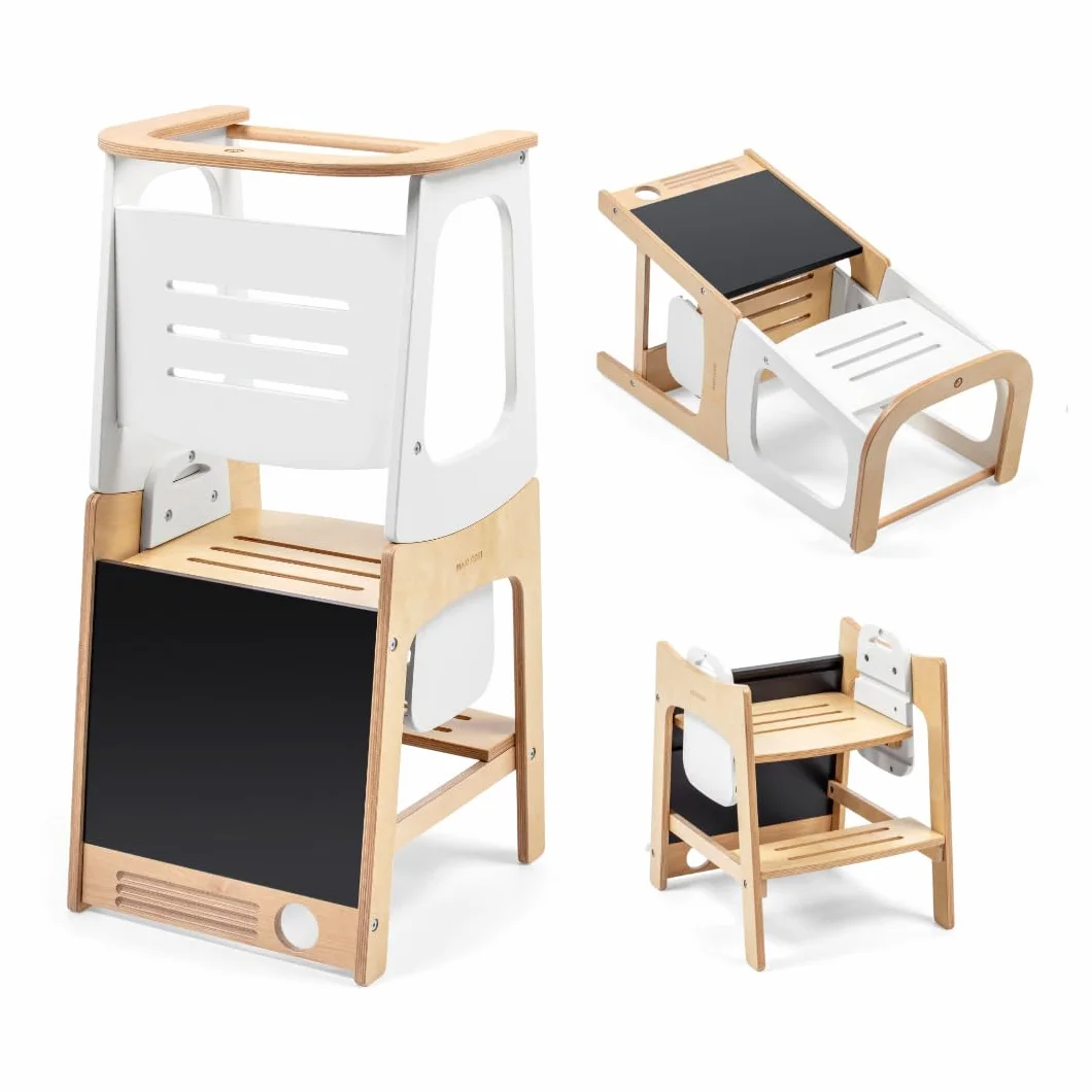 Maxi-Cosi Toucan 3 w 1 Wieża Edukacyjna dla Niemowląt, Montessori Pomocnik Kuchenny Drewniany, 1,5–99+lat, 10–150kg, 3 Ustawienia Wysokości, Stolik+Krzesełkiem, FSC® 100% Certyfikowanego, Natural Wood