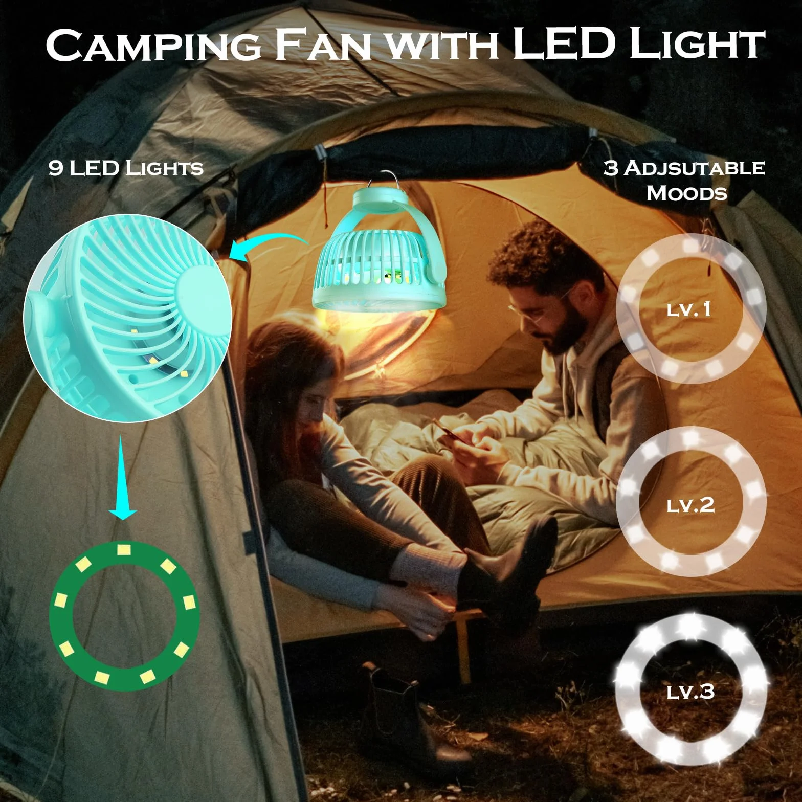 Wentylator do wózka dziecięcego z oświetleniem LED 5200 mAh obrót 360° przenośny