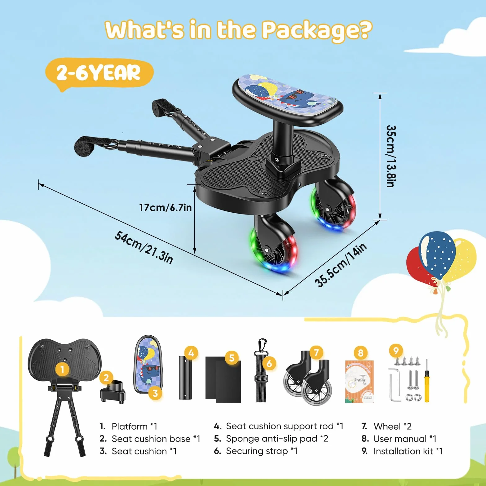 Buggy Board, uniwersalna deska do wózka dziecięcego z kółkami LED i siedziskiem dla dzieci, akcesoria do wózków dla dzieci w wieku 2-6 lat (25 kg), do ponad 99% wózków dziecięcych