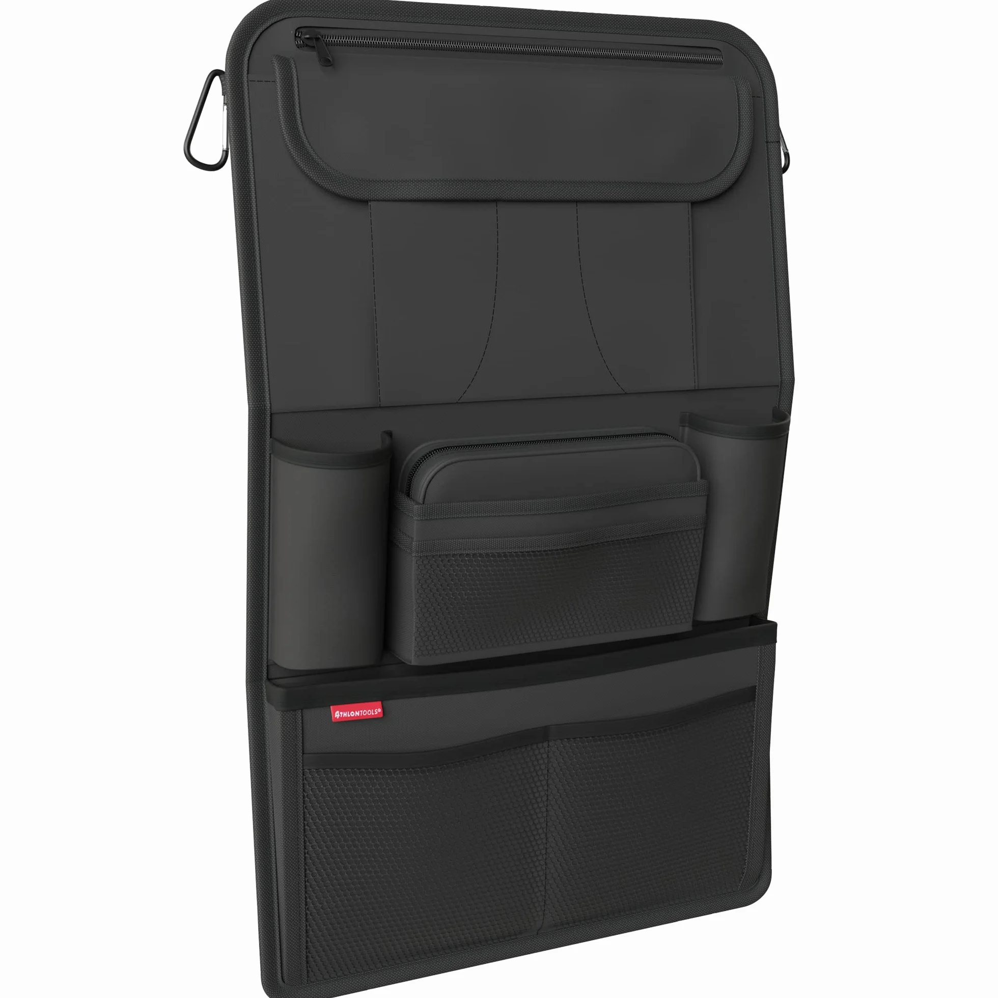 ATHLON TOOLS Najstabilniejszy organizer na fotel samochodowy z uchwytem na tablet, wzmocniony tył, bezpieczny dla żywności, z dodatkowym piórnikiem, biznesowy / dla dzieci, zaprojektowany w Hamburgu
