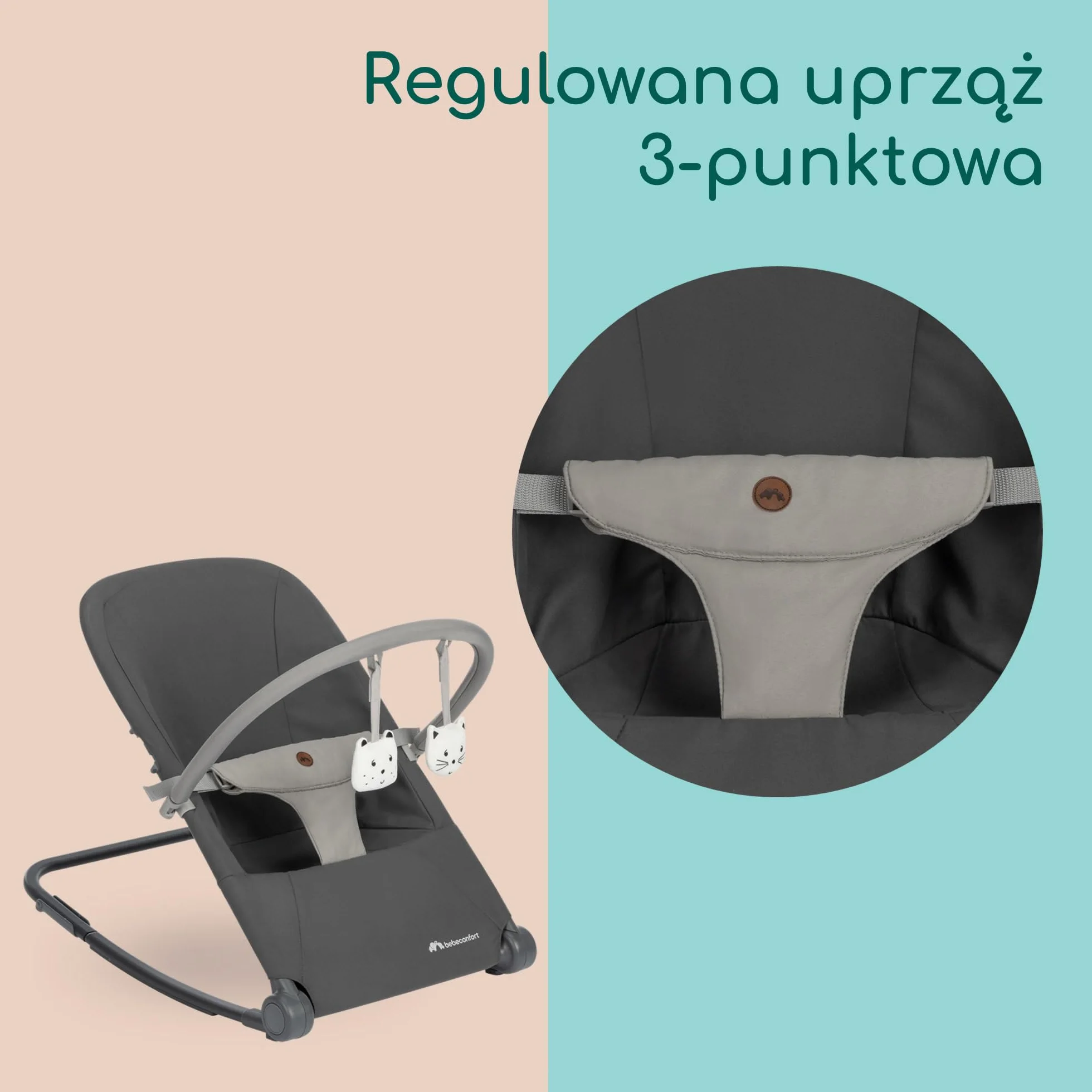 Bebeconfort Aster, bujaczek dla niemowląt, 0–2 lata, lekki (2,7 kg), składany na płasko, regulowane oparcie, pałąk z zabawkami, uprząż 3-punktowa, tryb stacjonarny, Tinted Graphite