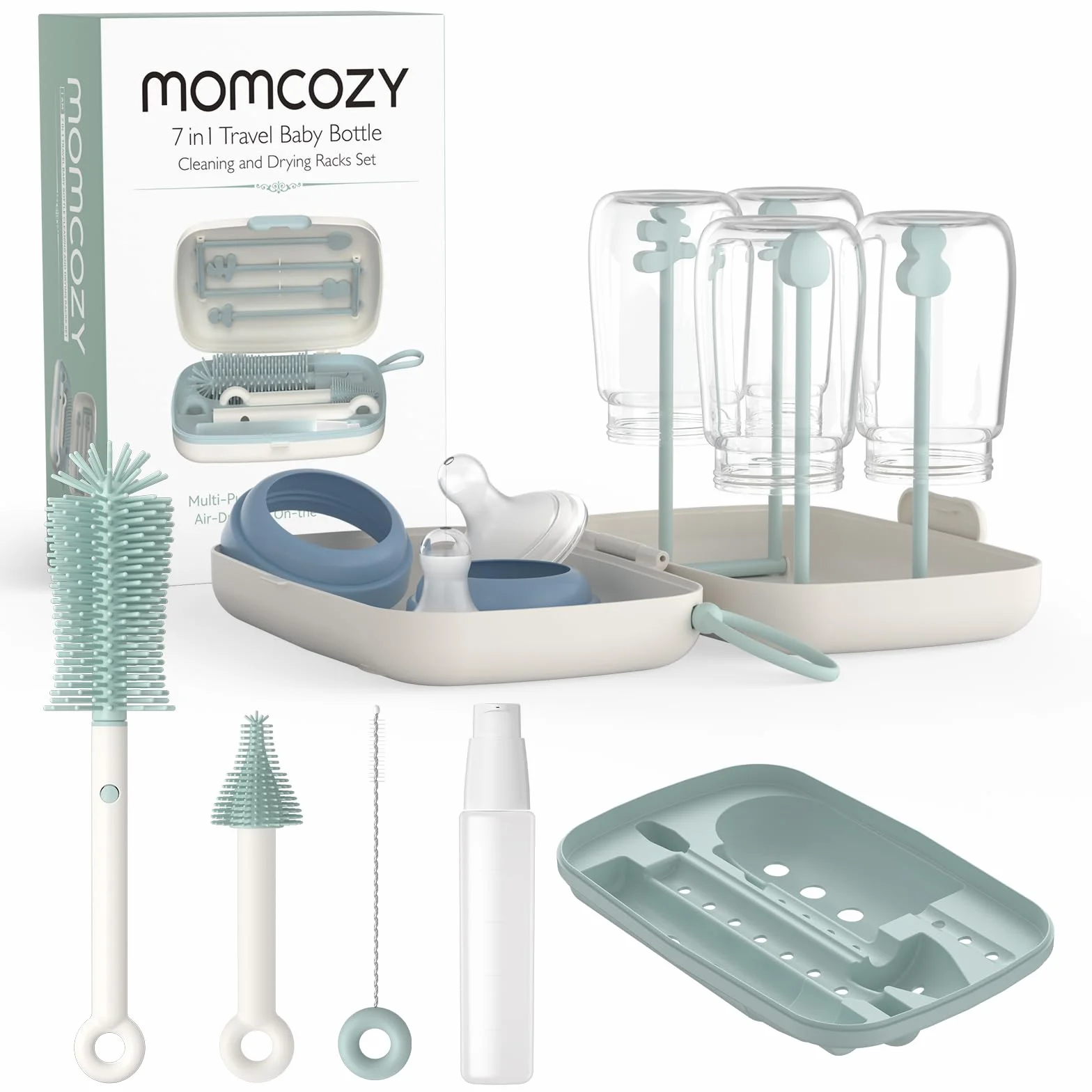 Momcozy Zestaw szczotek do butelek dla niemowląt z silikonową szczotką, stojakiem do suszenia