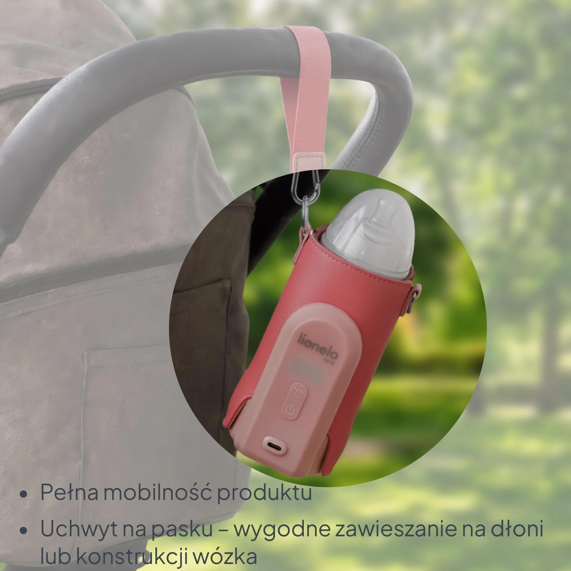 LIONELO Thermup Go Evo Przenośny Podgrzewacz do Butelek dla Niemowląt, 5 Temperatur, USB-C, LCD (Różowy)