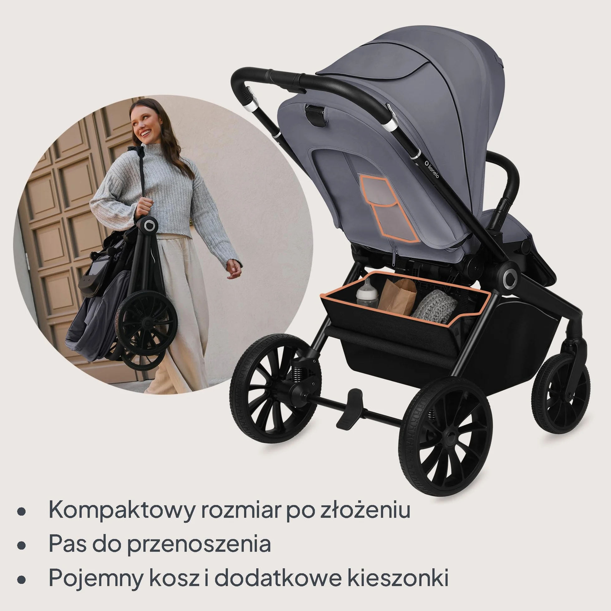 LIONELO MIKA PLUS 3 w 1 Wózek Spacerowy Dziecięcy 0-48 miesięcy do 22 kg Gondola do 9 kg Fotelik Samochodowy Nosidło do 13 kg, Regulacja Oparcia, Amortyzacja, Koła 360° Budka XXL (Szary)