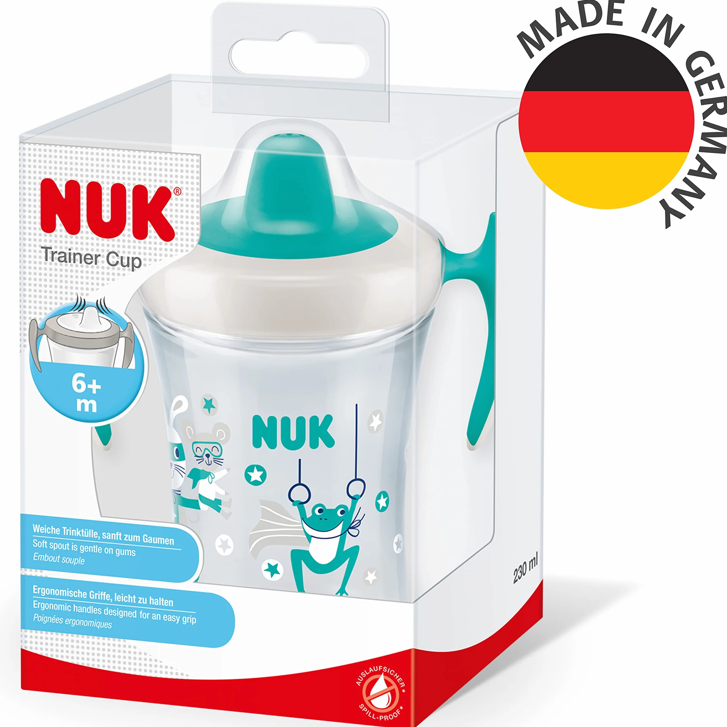 Kubek niekapek NUK Trainer Cup | Niekapiący ustnik z miękkiego materiału | Od 6 miesiąca | Nie zawiera BPA | 230 ml | Żabka (zielona)