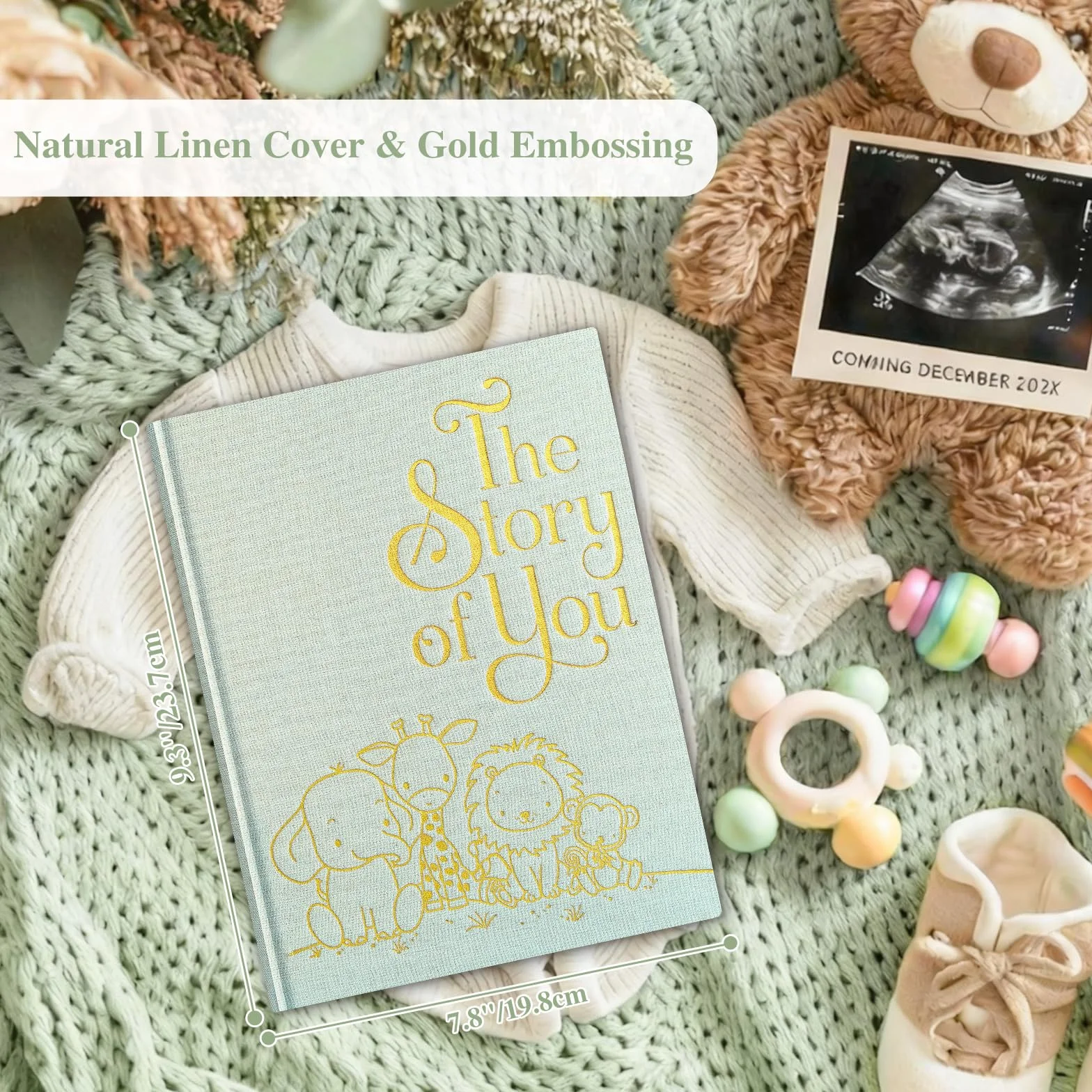 Lanpn Album fotograficzny dla dziecka Pierwszy 5 Rok dla chłopca dziewczynki, The Story of Your Baby Memory Book, Pamiętnik dla dzieci, Dziennik dla noworodków Prezent (154 strony, angielski, zielony)