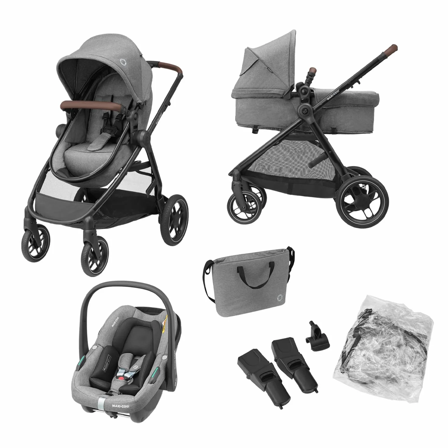 Maxi-Cosi Zelia S Trio Wielofunkcyjny Wózek Dziecięcy 3w1, 0–4 Lata, do 22 kg, Składany, Kompakt i Odchylany Wózek Spacerowy z Fotelik Samochodowy CabrioFix S i-Size i Torbą z Akcesoriami, Szary