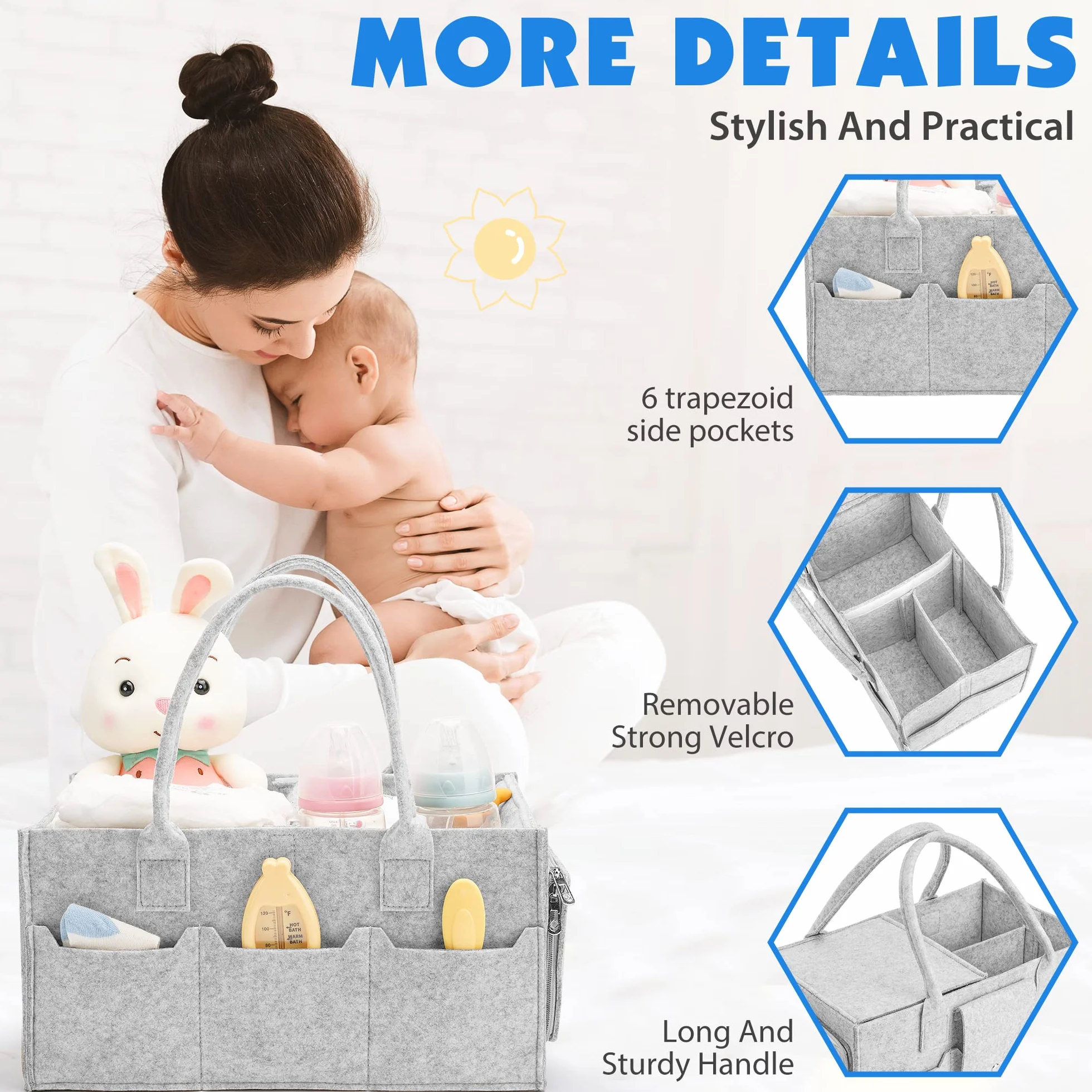 Maliton Pudełko na pieluchy dla niemowląt Niezbędne pudełko na pieluchy z pokrywką Wytrzymały przenośny zmywalny z odpinanymi przegródkami, prezent na baby shower, organizer na pieluchy, szary