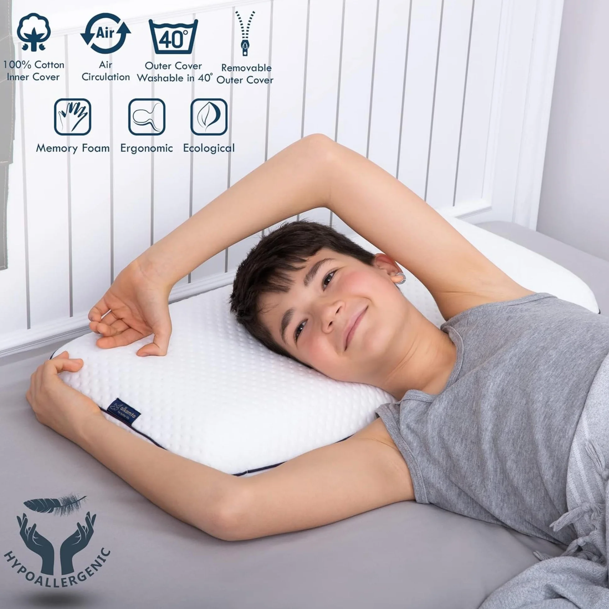 alkamto® Ergonomiczna poduszka dla dzieci, 66 x 33 cm, Öko-Tex, płaska poduszka dla dzieci i małych dzieci od 2 lat (60 x 33 x 6 cm) (60 x 33 x 6 cm)