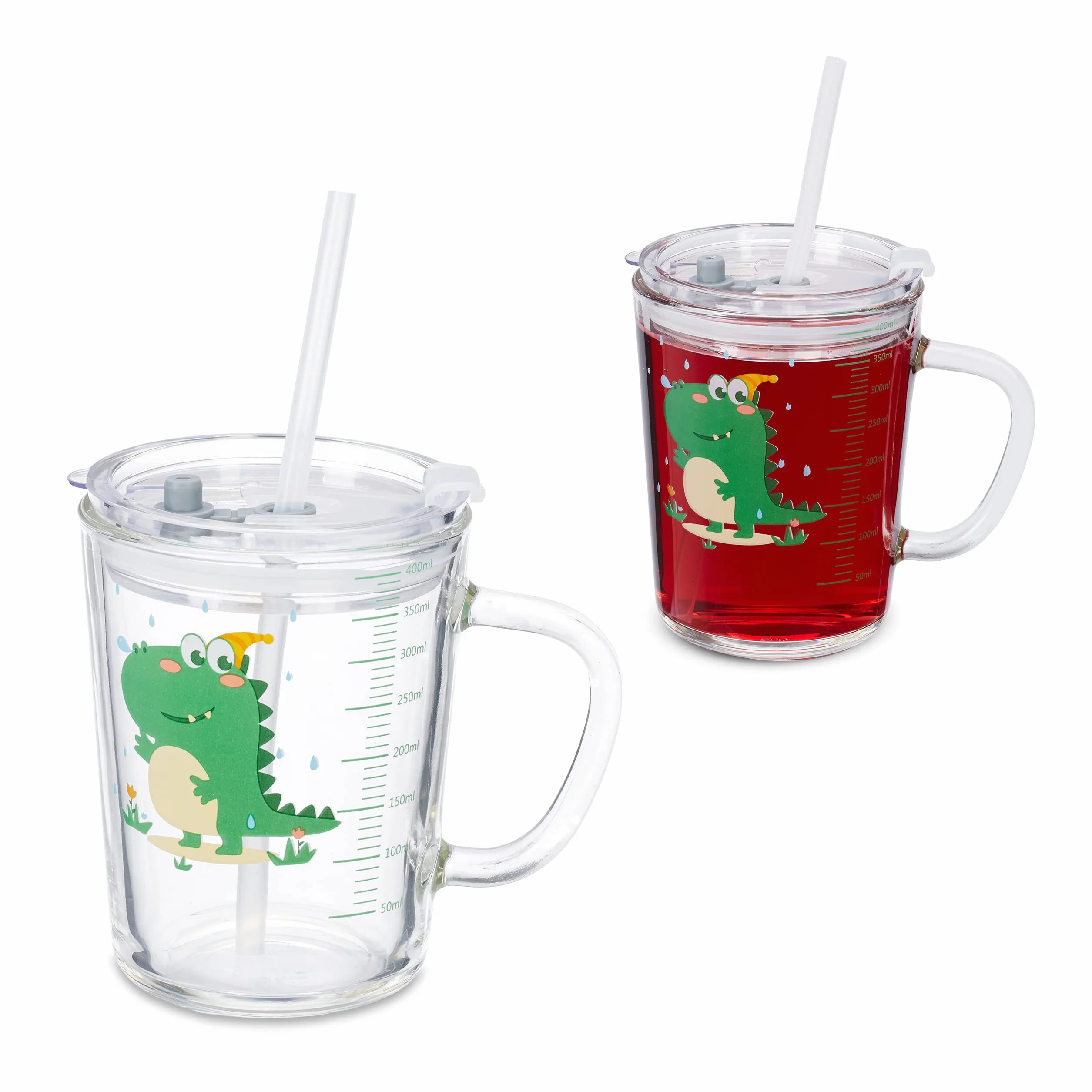 Relaxdays Zestaw 2 szklanek dla dzieci motyw dinozaura 400 ml przezroczyste z uchwytem pokrywką słomką