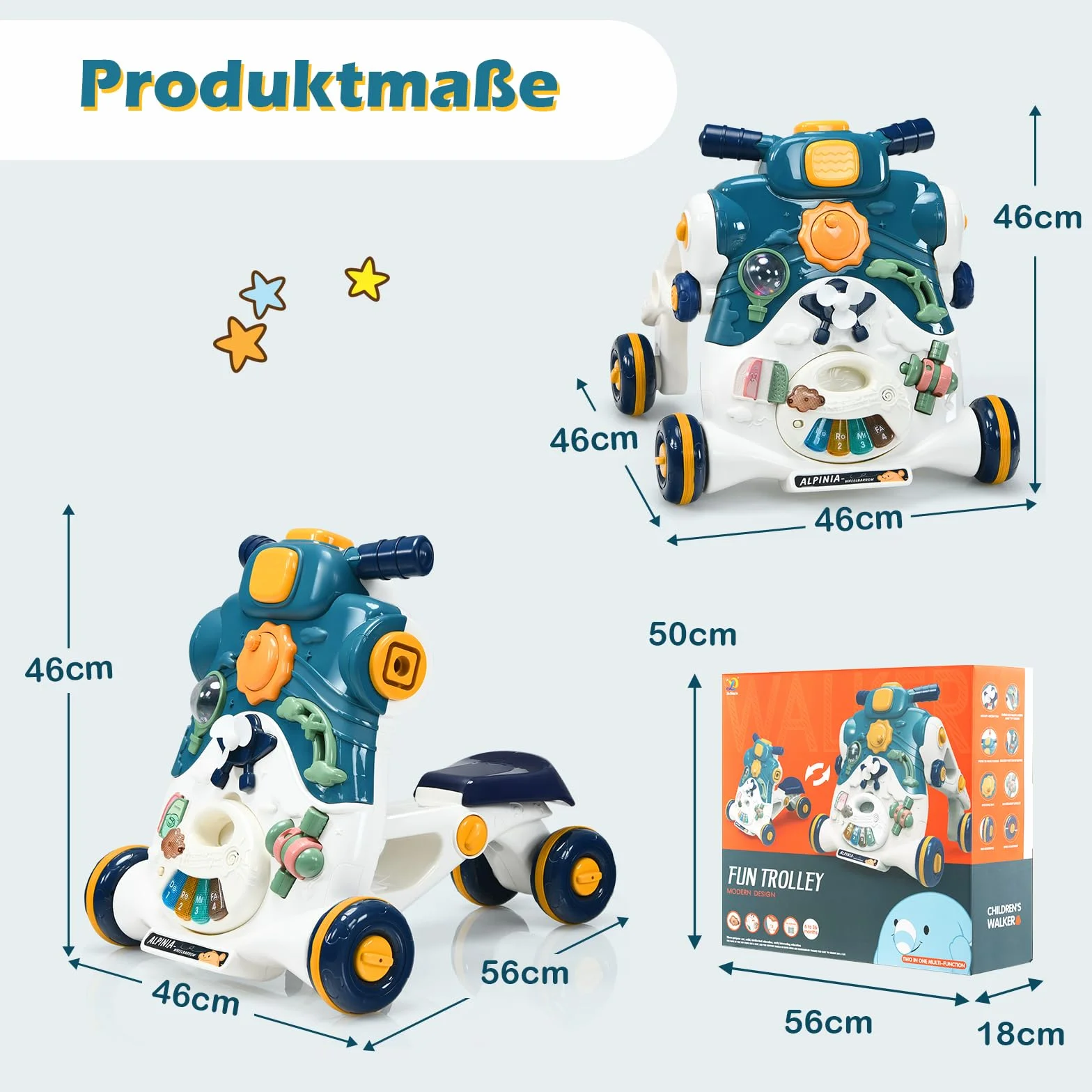COSTWAY Wózek do nauki chodzenia 3 w 1, ze światłami i muzyką, pomoc w nauce chodzenia, samochód zjeżdżalny i deska do zabawy, Baby Walker dla dzieci w wieku od 6 do 36 miesięcy, bez chodzenia 46 x 46