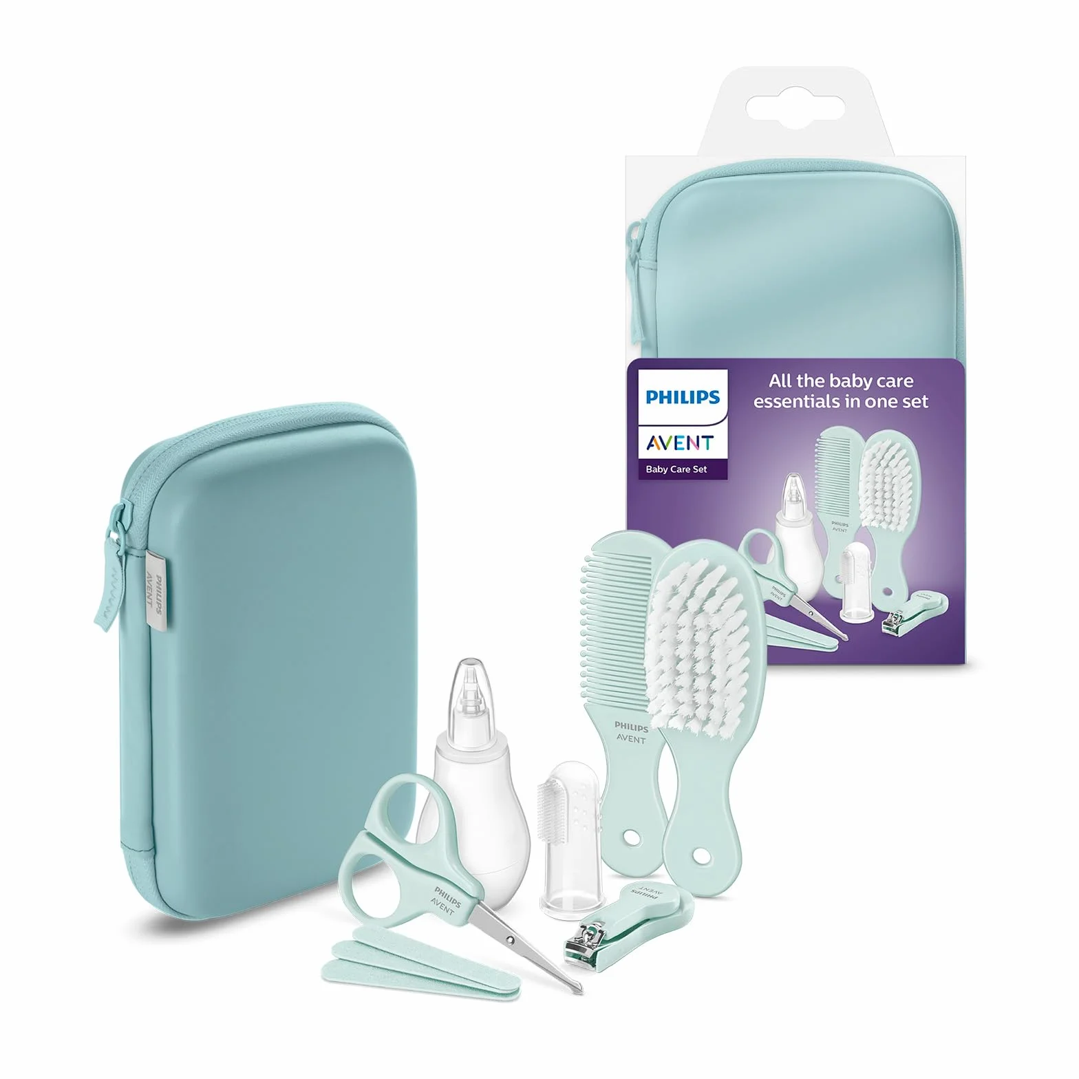 Philips Zestaw do pielęgnacji dziecka Avent: cążki do paznokci, nożyczki, 3 pilniczki, grzebień, szczotka do włosów, aspirator do nosa i szczoteczka do zębów na palec (model SCH401/00 -New model)