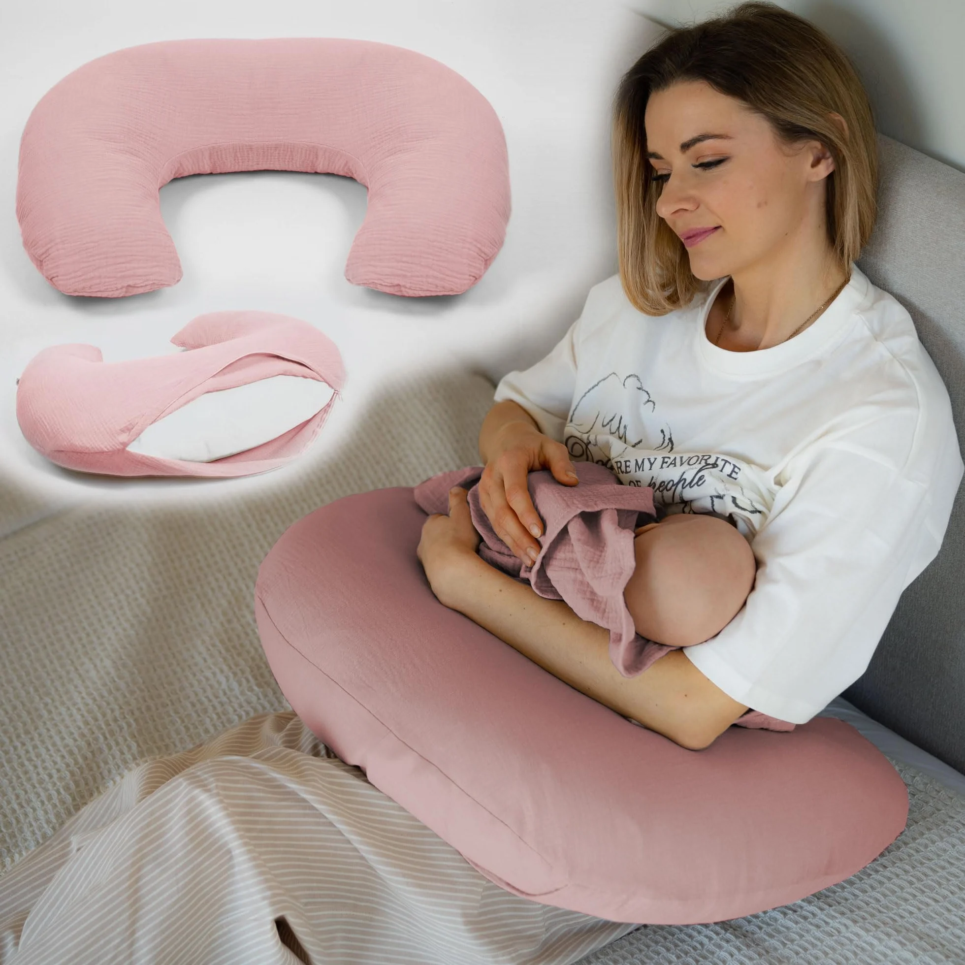 PaLulli® Muślinowa poduszka do karmienia piersią ze 100% bawełny muślinowej – poduszka do karmienia dla niemowląt, poduszka do karmienia dla niemowląt, oddychająca i nadająca się do prania, różowa