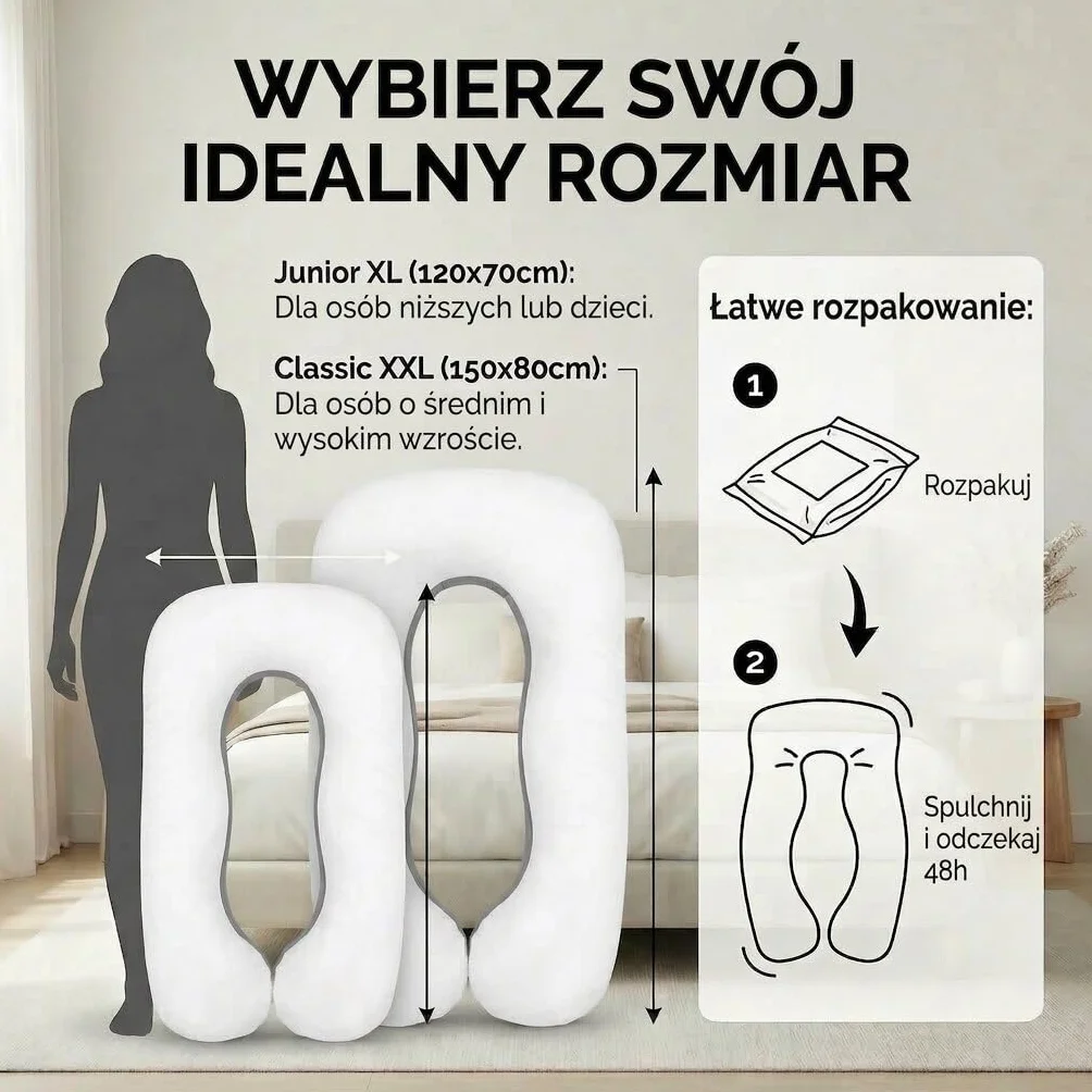 Poduszka ciążowa SMOOTHY XXL w kształcie litery U 150x80 cm, ze zdejmowaną poszewką bawełnianą