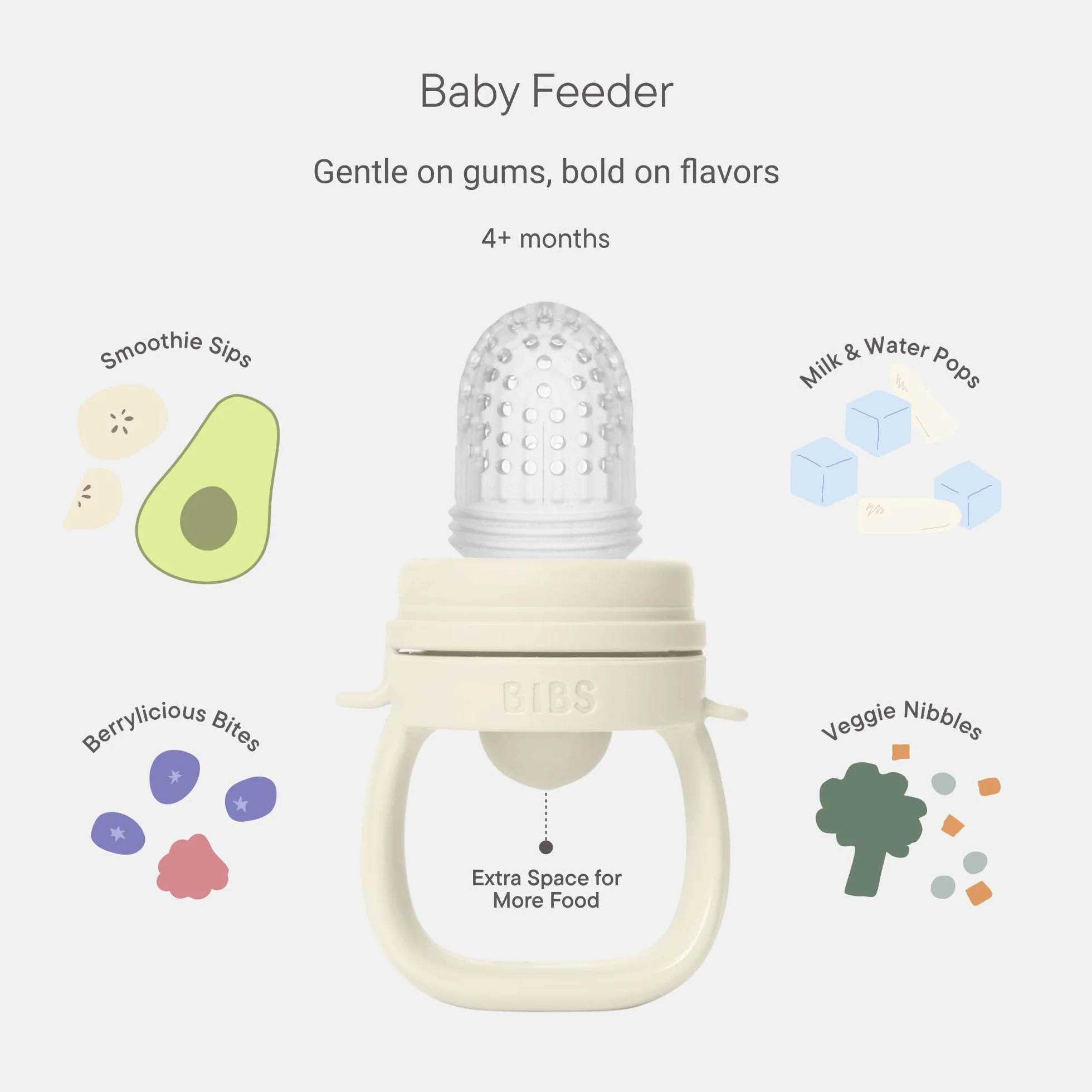 BIBS Baby Feeder with 2 Silicone Nipples, Compatible with Freezer Tray, Easy-Grip, BPA-Free - Ideal for Teething & Self-Feeding, 4+ Months - Blush