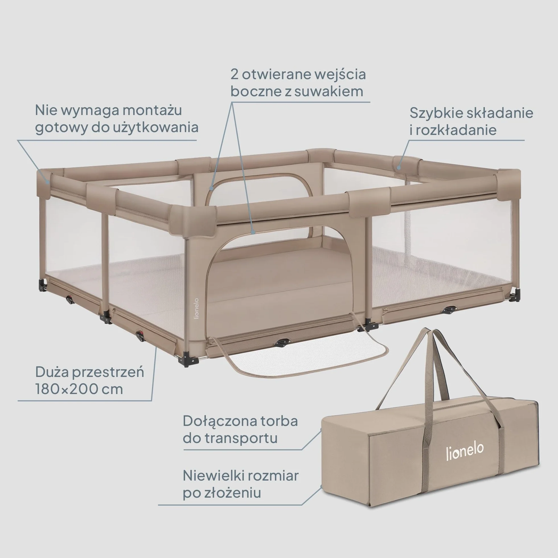 Lionelo Florence XL Easy Fold Kojec dla niemowląt, 180 x 200 cm, składany kojec dla niemowląt, bez montażu, 2 wejścia boczne z zamkiem błyskawicznym, oddychająca siatka, miękkie krawędzie, torba