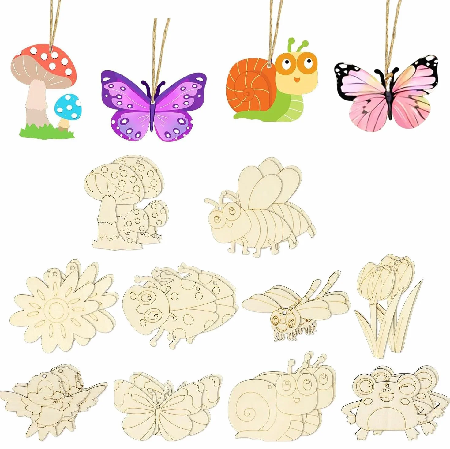 HERZONE Drewniane kwiaty do malowania, wiosenna dekoracja, zawieszka, motyle, kwiaty, drewniana zawieszka do malowania, zawieszka wiosenna z drewna do zawieszenia, dekoracja okienna, zawieszka okienna
