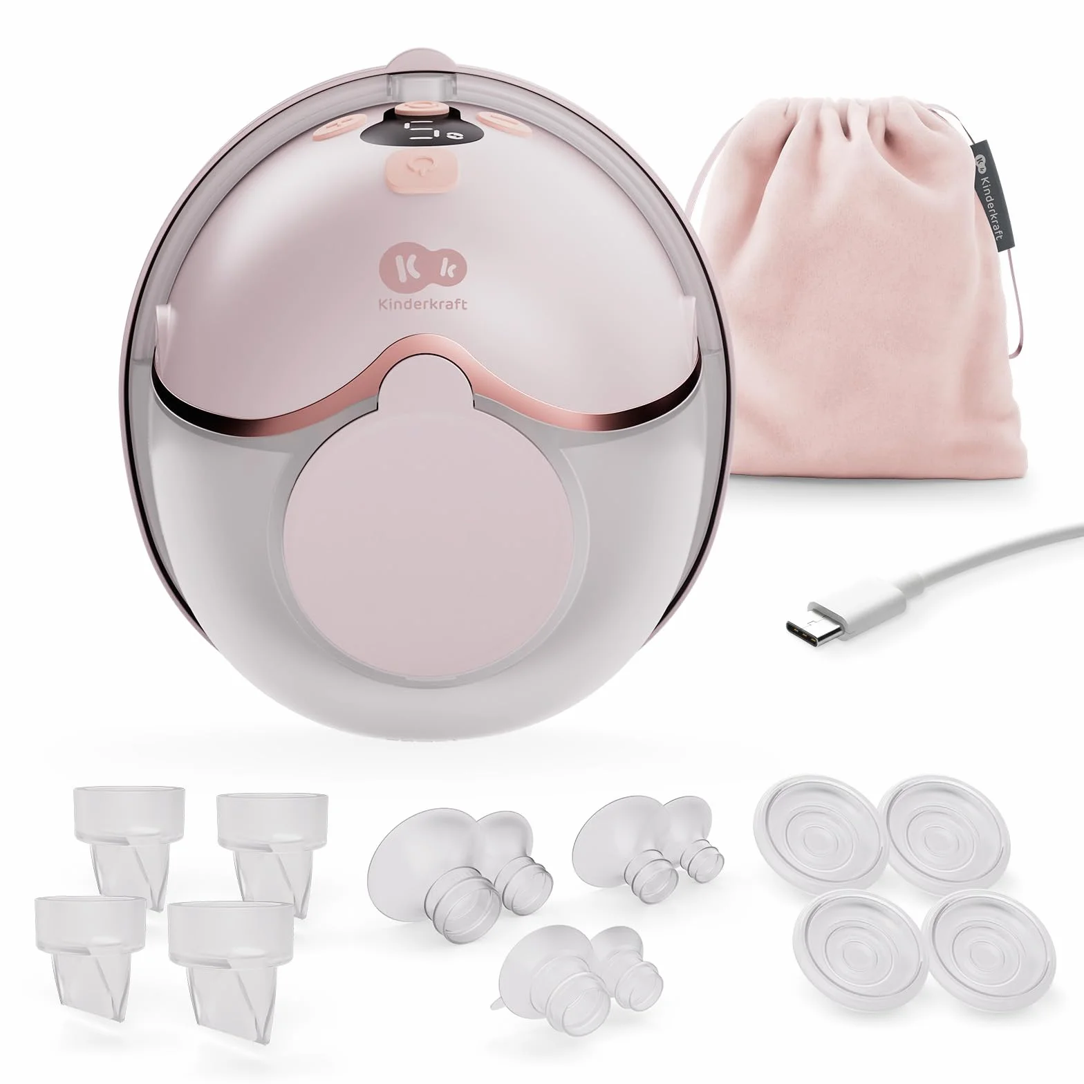 Kinderkraft MAMAFLOW elektryczny laktator pojedynczy, bezprzewodowy i przenośny, 4 tryby, 9 poziomów intensywności, funkcja pamięci, do 180 min pracy, ładowanie USB-C, łatwe czyszczenie, Różowy