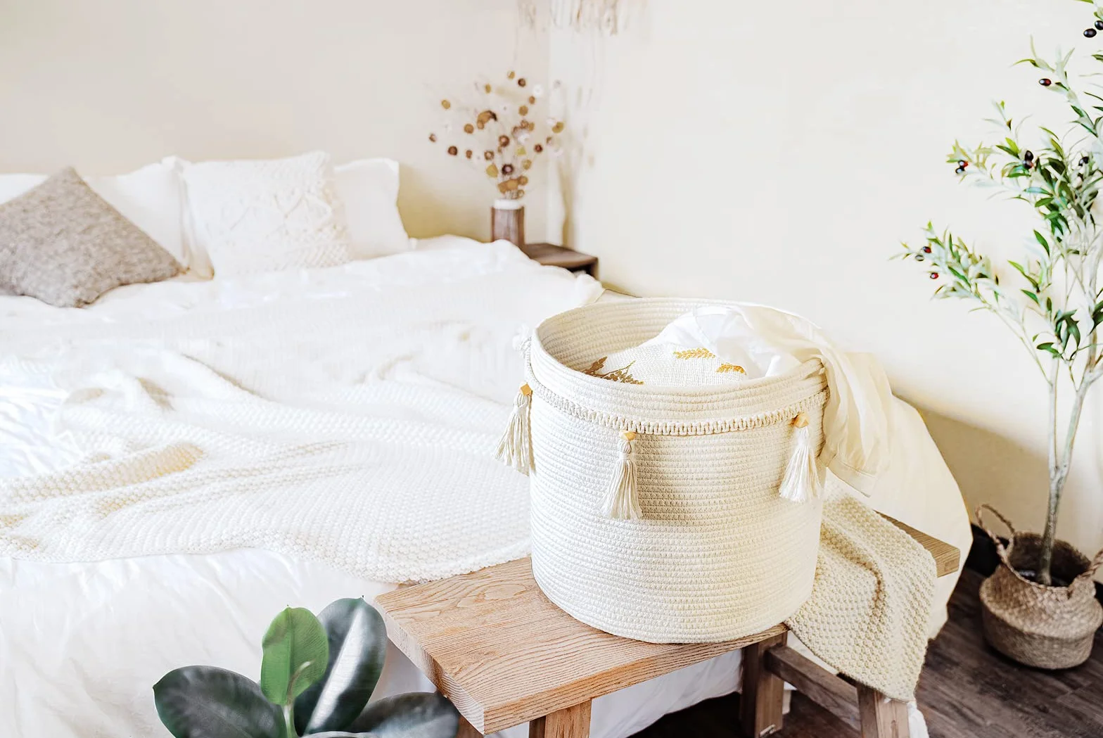 Mkono Makrama, dekoracyjny kosz z liny bawełnianej w stylu boho, tkane frędzle, organizer do pokoju dziecięcego, zabawek, salonu, sypialni, 38 cm