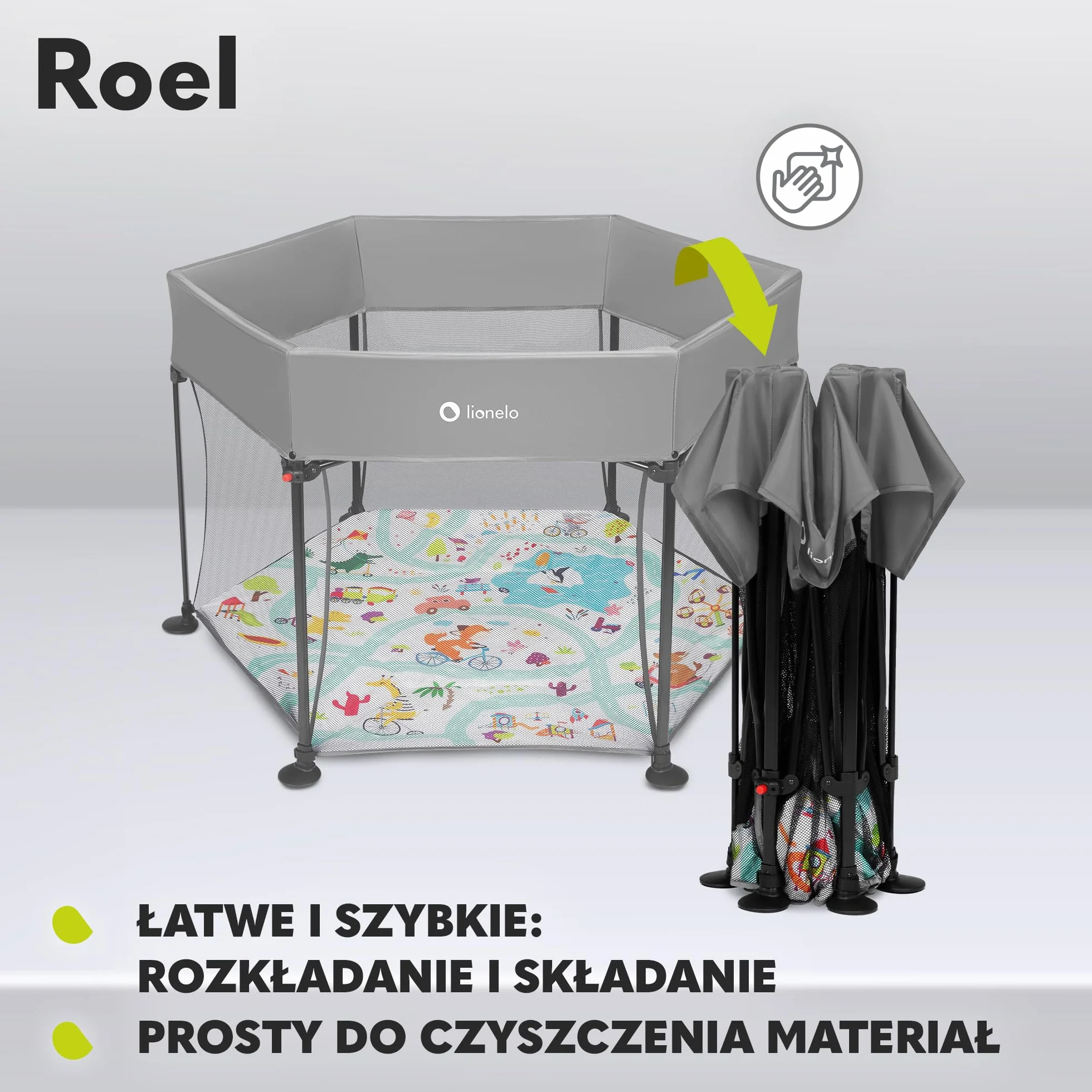 LIONELO Kojec dla dzieci 136 x 86 cm Sześciokątny LockGuard Składany Antypoślizgowy