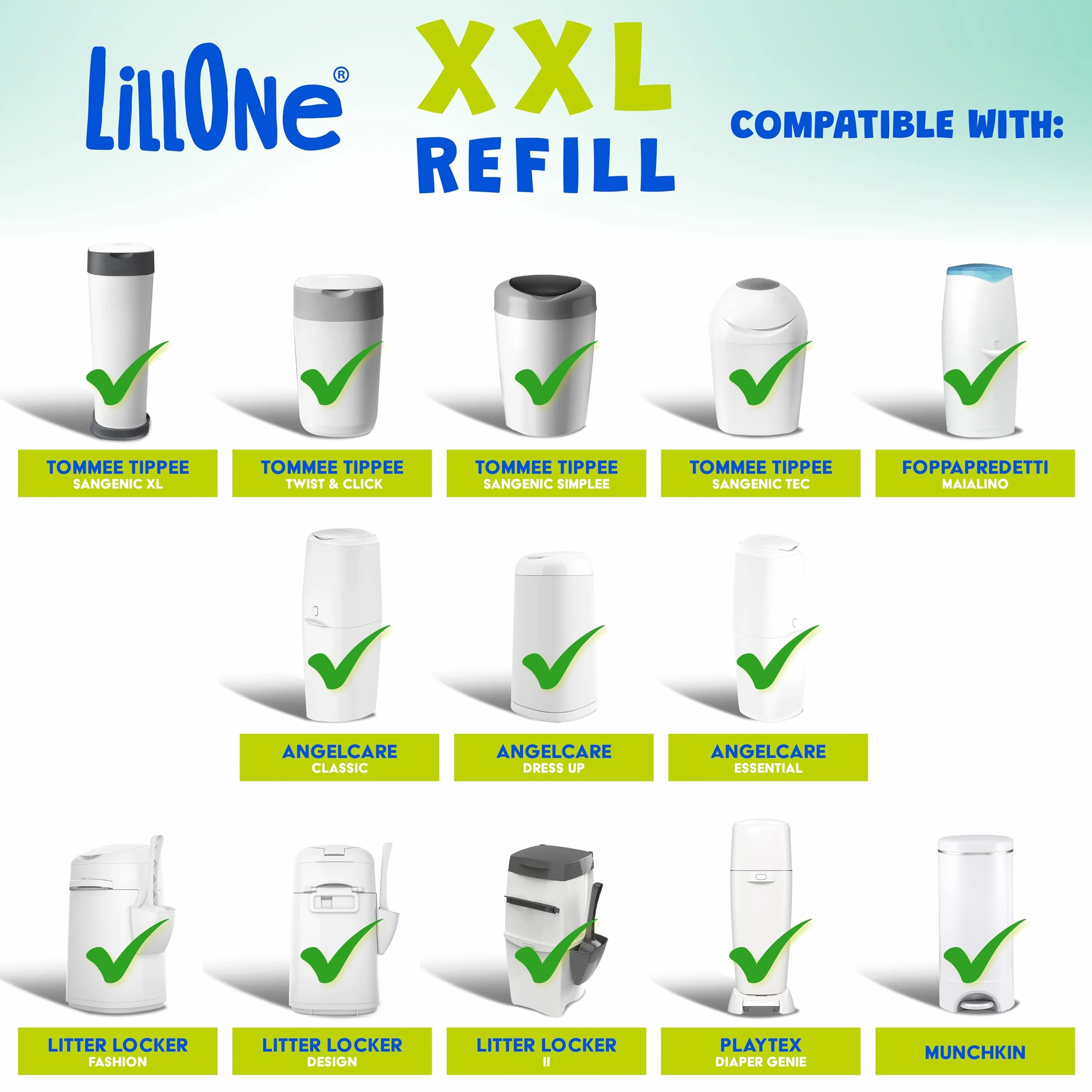 LillOne 8 XXL Wkłady Extra Długie 10,5 m do Pojemnika na Pieluchy – Kompatybilne z Tommee Tippee, Angelcare, Litter Locker i innymi – Grubsza Folia z Kontrolą Zapachu i Ochroną Antybakteryjną