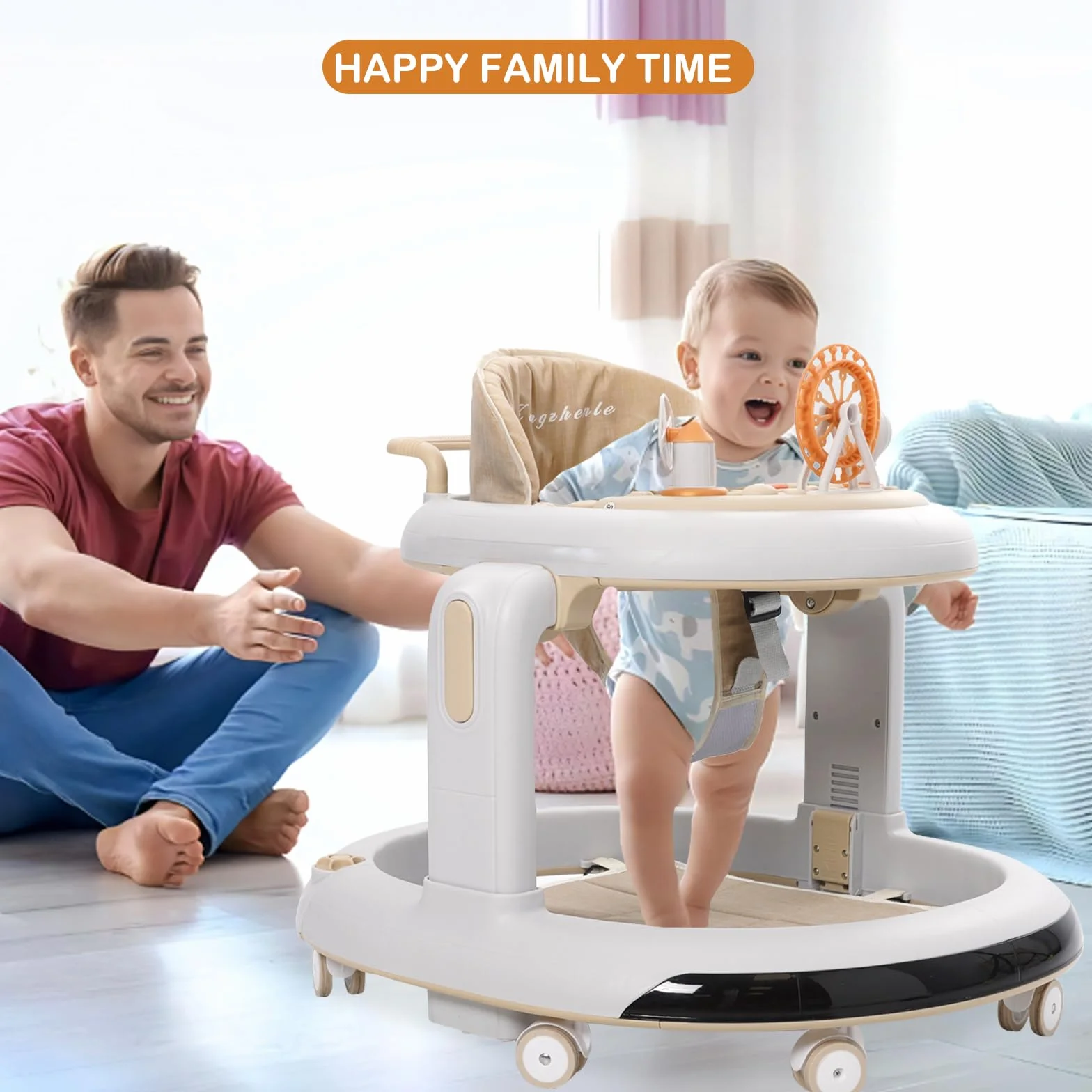 3 w 1 Chodzik dla dzieci, 6 regulowanych wysokości i 2 poziomów regulowanego siedzenia, BabyWalker z cichymi kołami 360°, tacą na kolację i wyjmowaną tacą na muzykę, dla dzieci w wieku 6-18 miesięcy