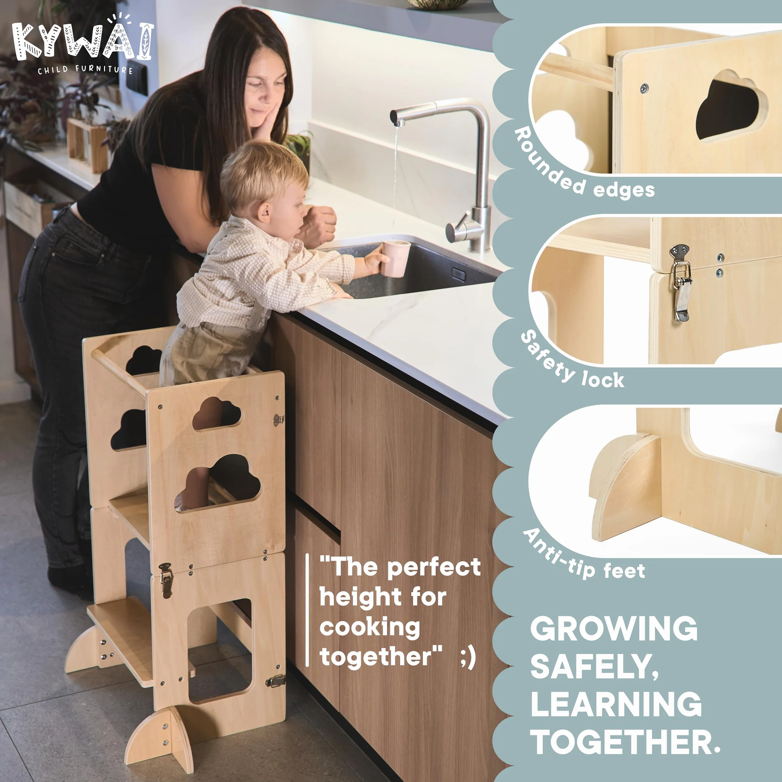 Wieża Montessori składana – krzesełko kuchenne dla dzieci 3 w 1 Premium: składana wieża edukacyjna, przekształcana w biurko z tablicą, drewno FSC, firma zrównoważona wspierająca zalesianie