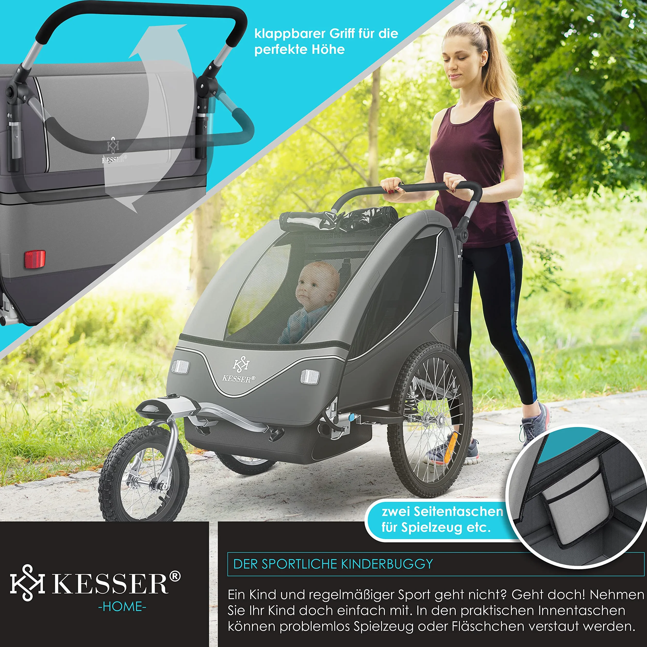 KESSER® Cruiser Child Trailer Przyczepka rowerowa 360° obrotowa z zawieszeniem 2w1 Funkcja Jogger Dziecięca przyczepka rowerowa + 5-punktowe szelki Jogger Przyczepka rowerowa max. 40kg